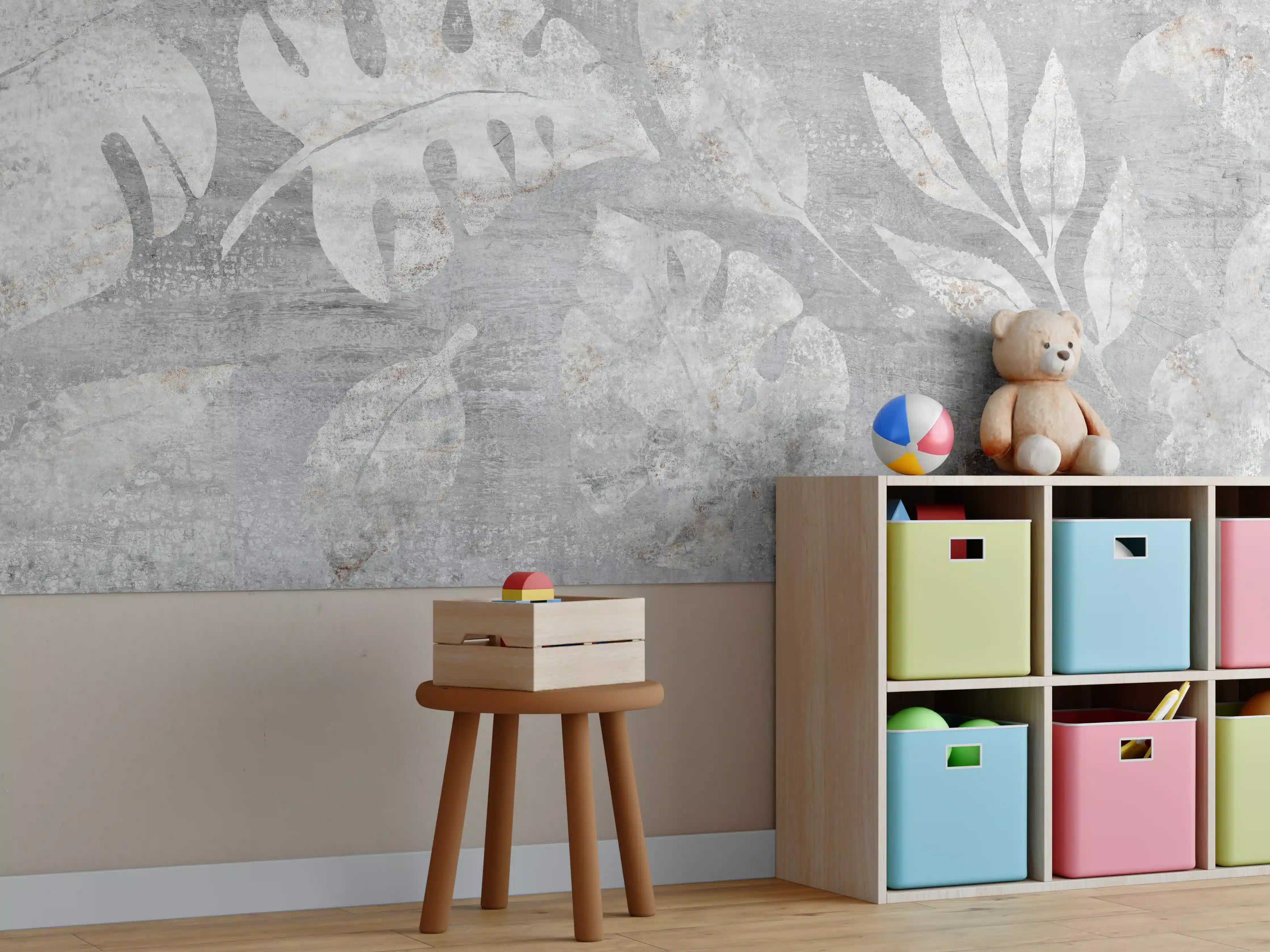 Kinderzimmer Wandgestaltung - Weiß-Grau Blattmuster Struktur