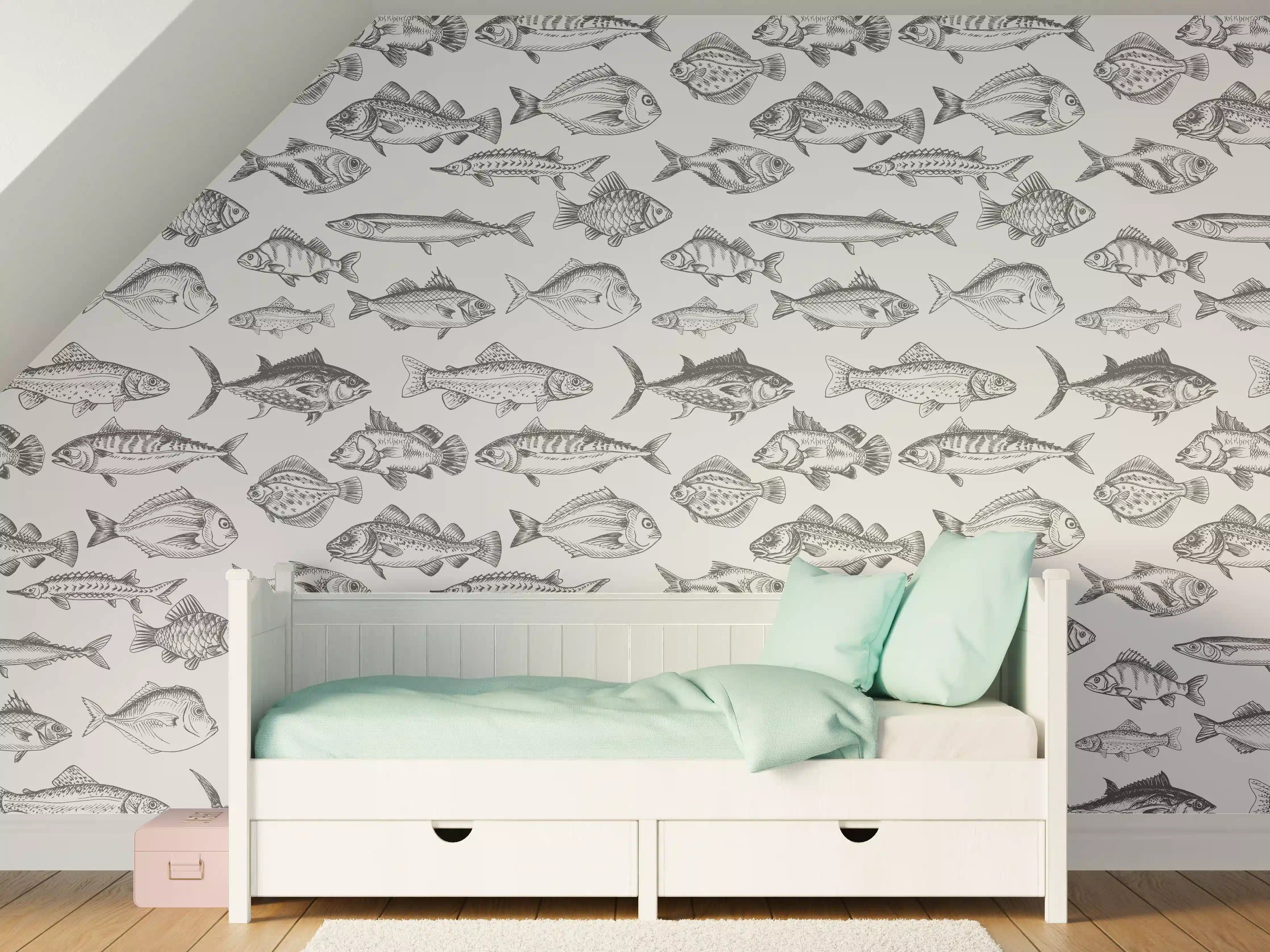 Kinderzimmer Wandgestaltung - Weiß-Grau Fischmuster