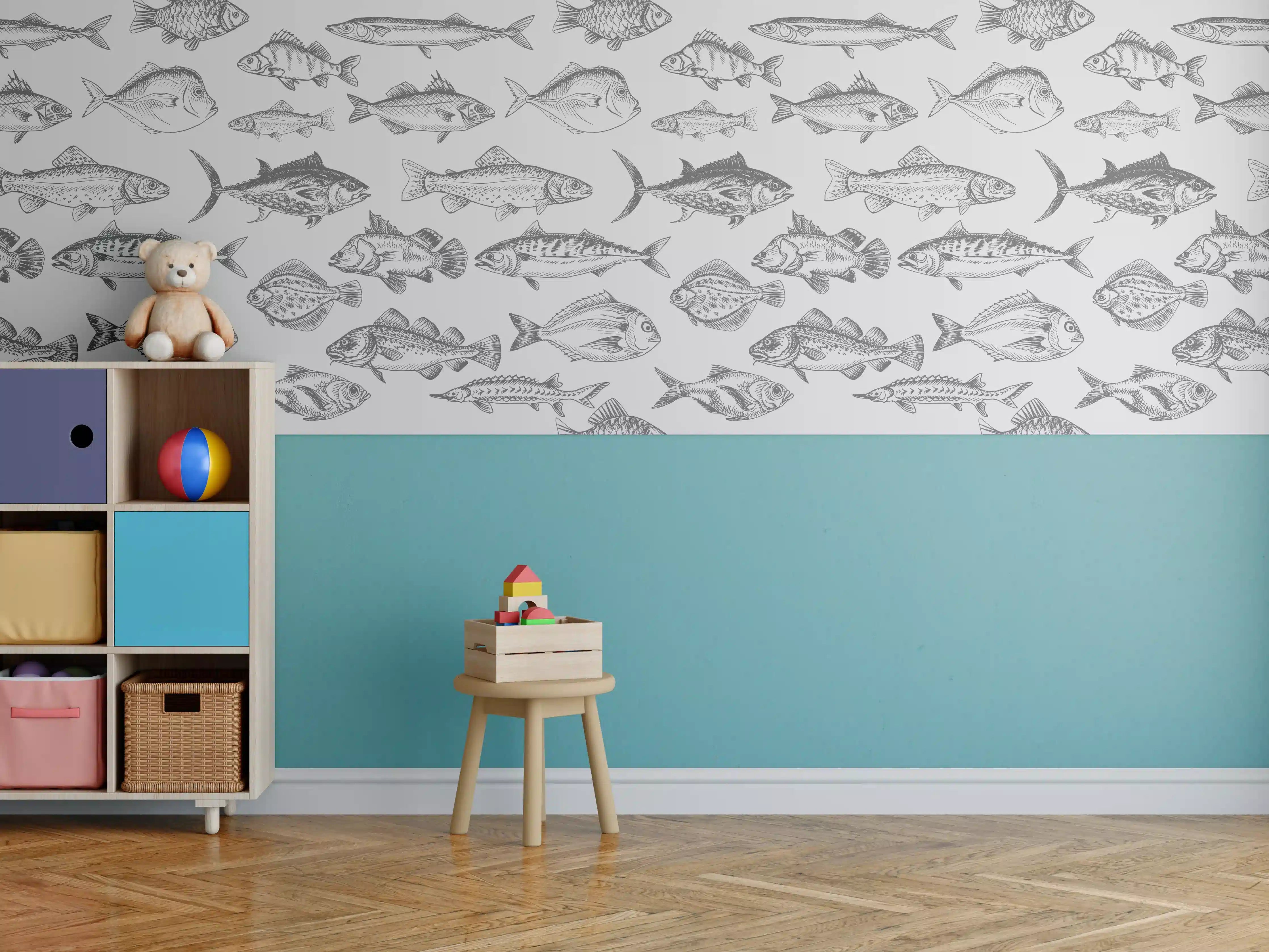 Kinderzimmer Wandgestaltung - Weiß-Grau Fischmuster