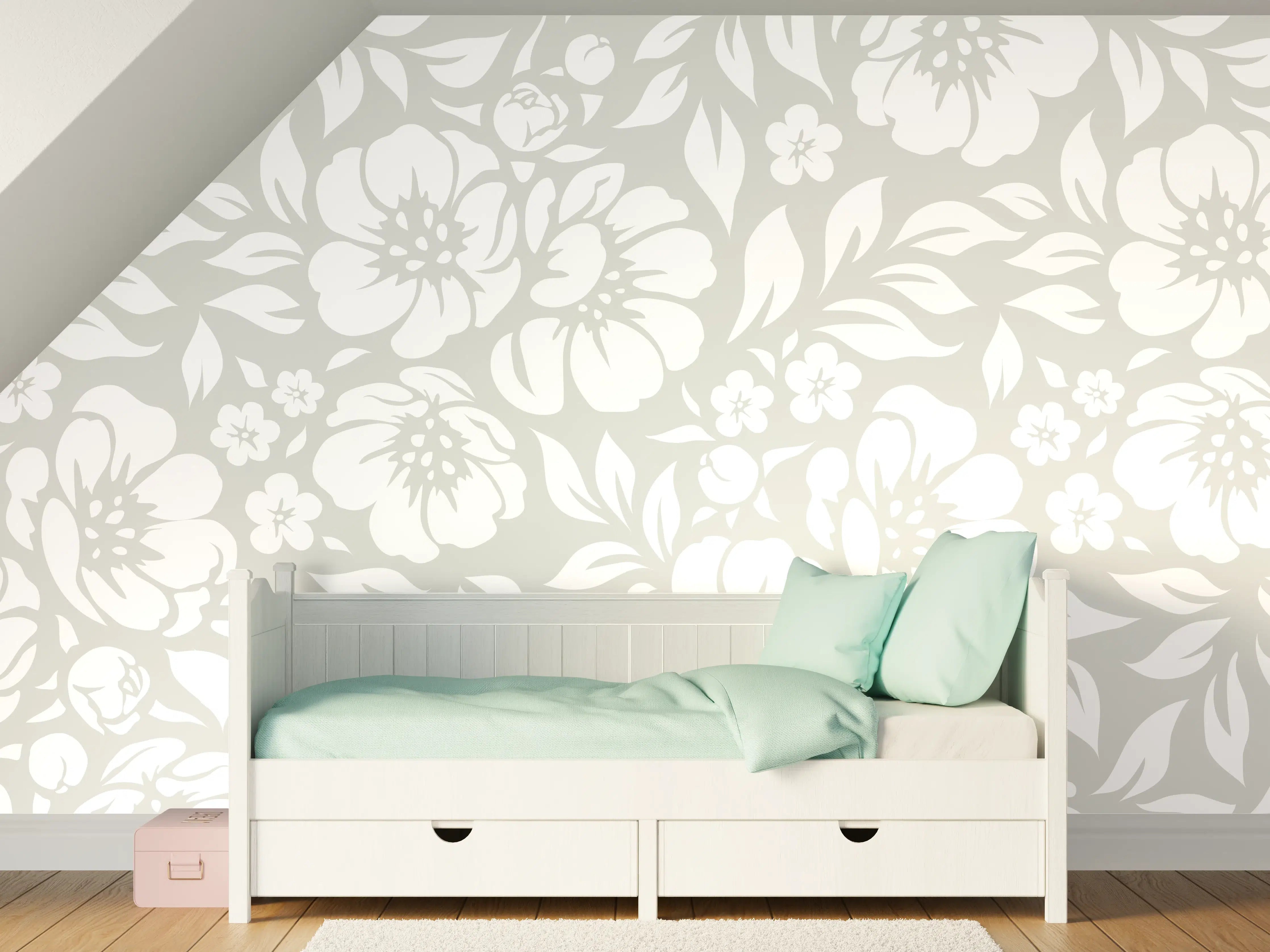 Kinderzimmer Wandgestaltung - Weiß-Grau florale Muster