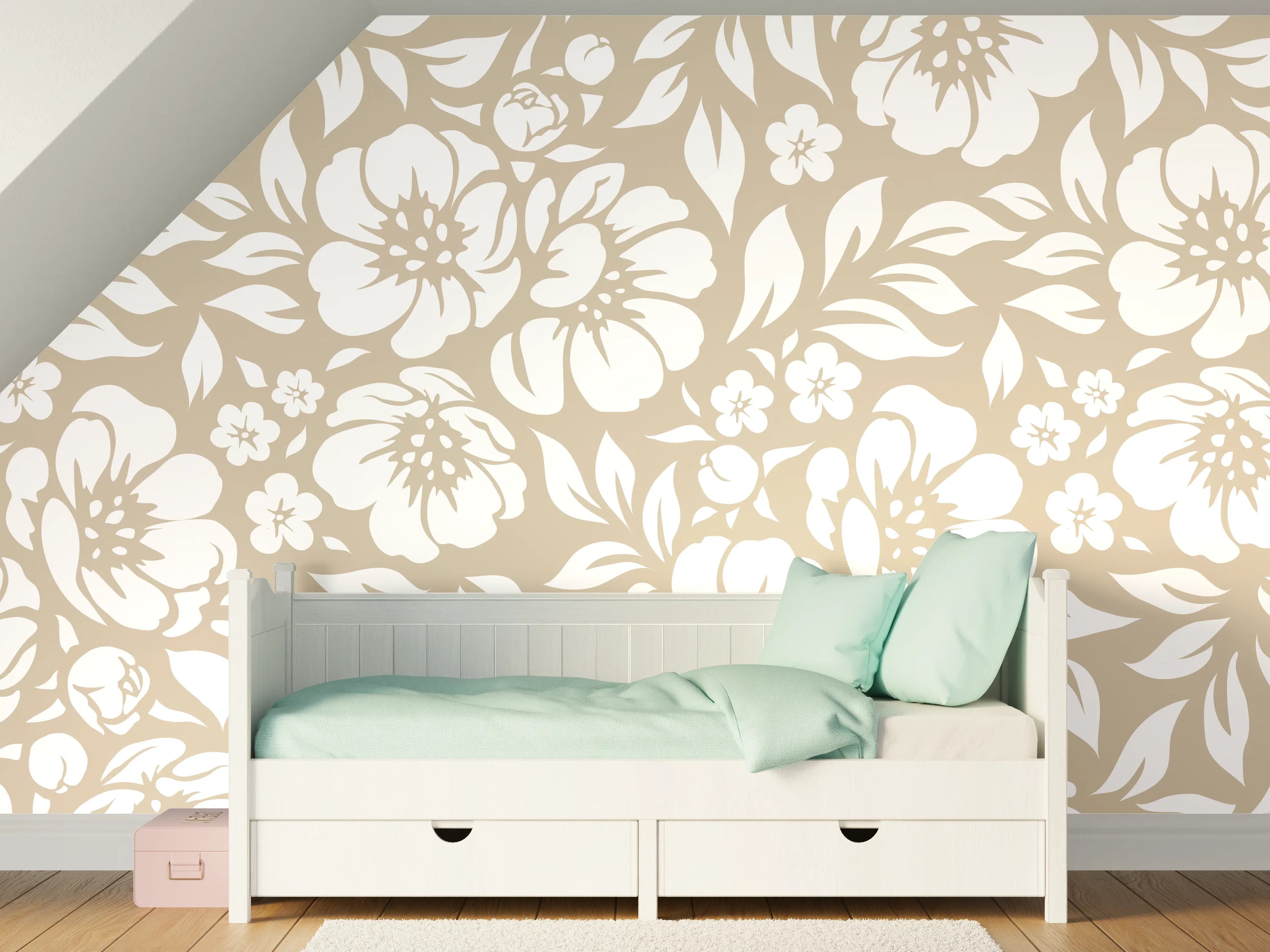 Kinderzimmer Wandgestaltung - Weiß-Grau-florale Tapete
