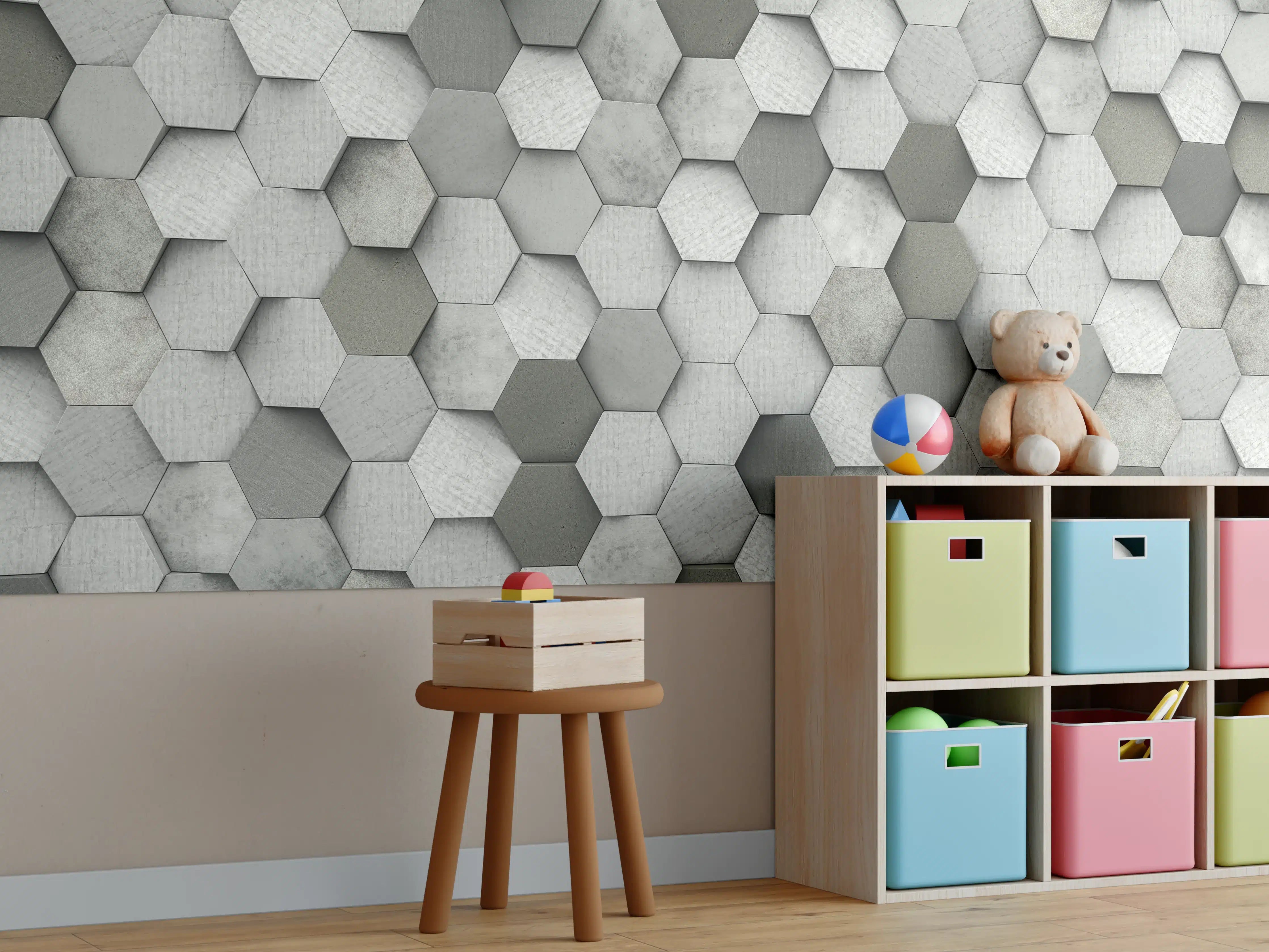Kinderzimmer Wandgestaltung - Weiß-Graue Hexagon Struktur