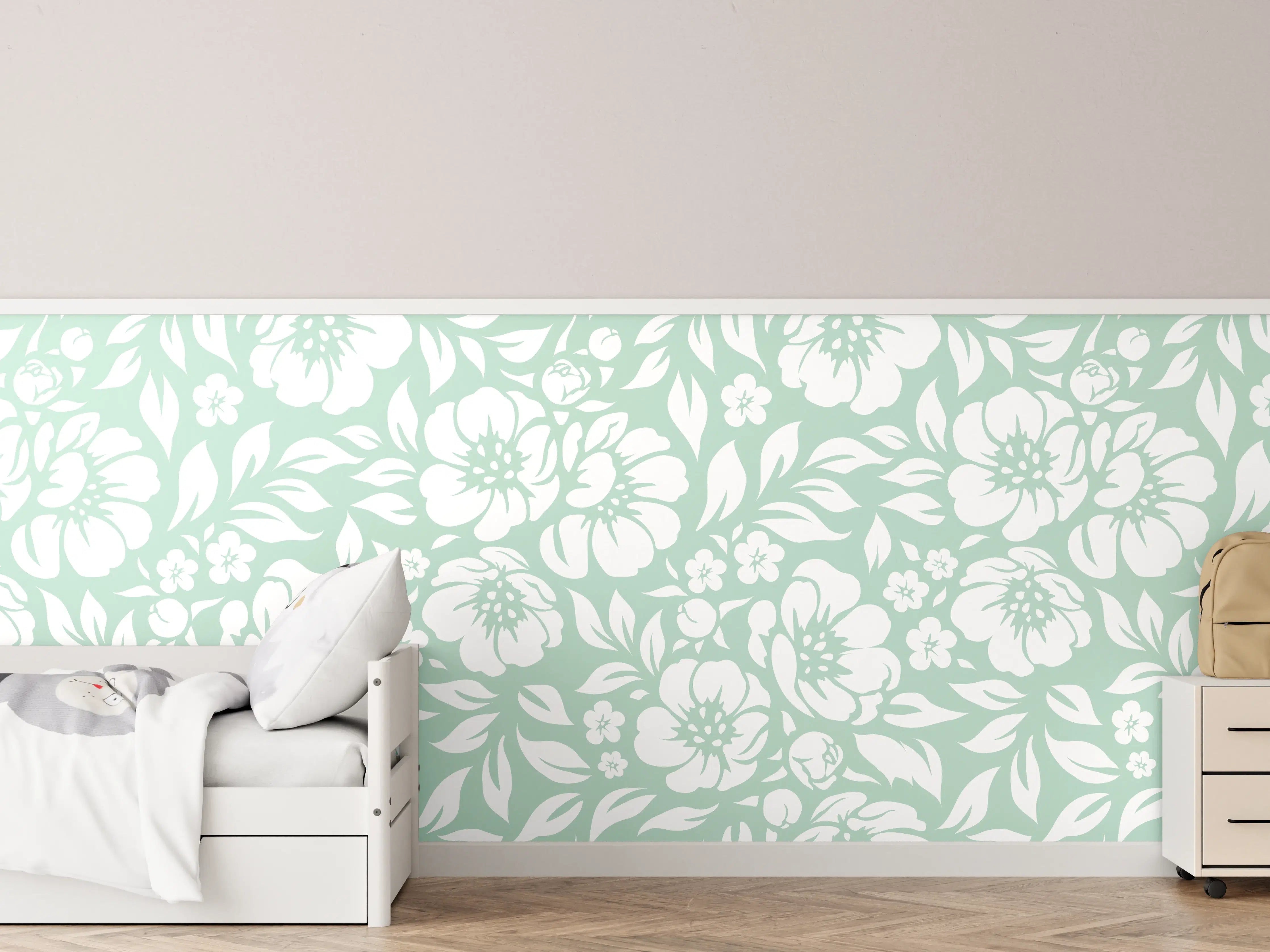 Kinderzimmer Wandgestaltung - Weiß-Graue florale Muster für elegante Räume