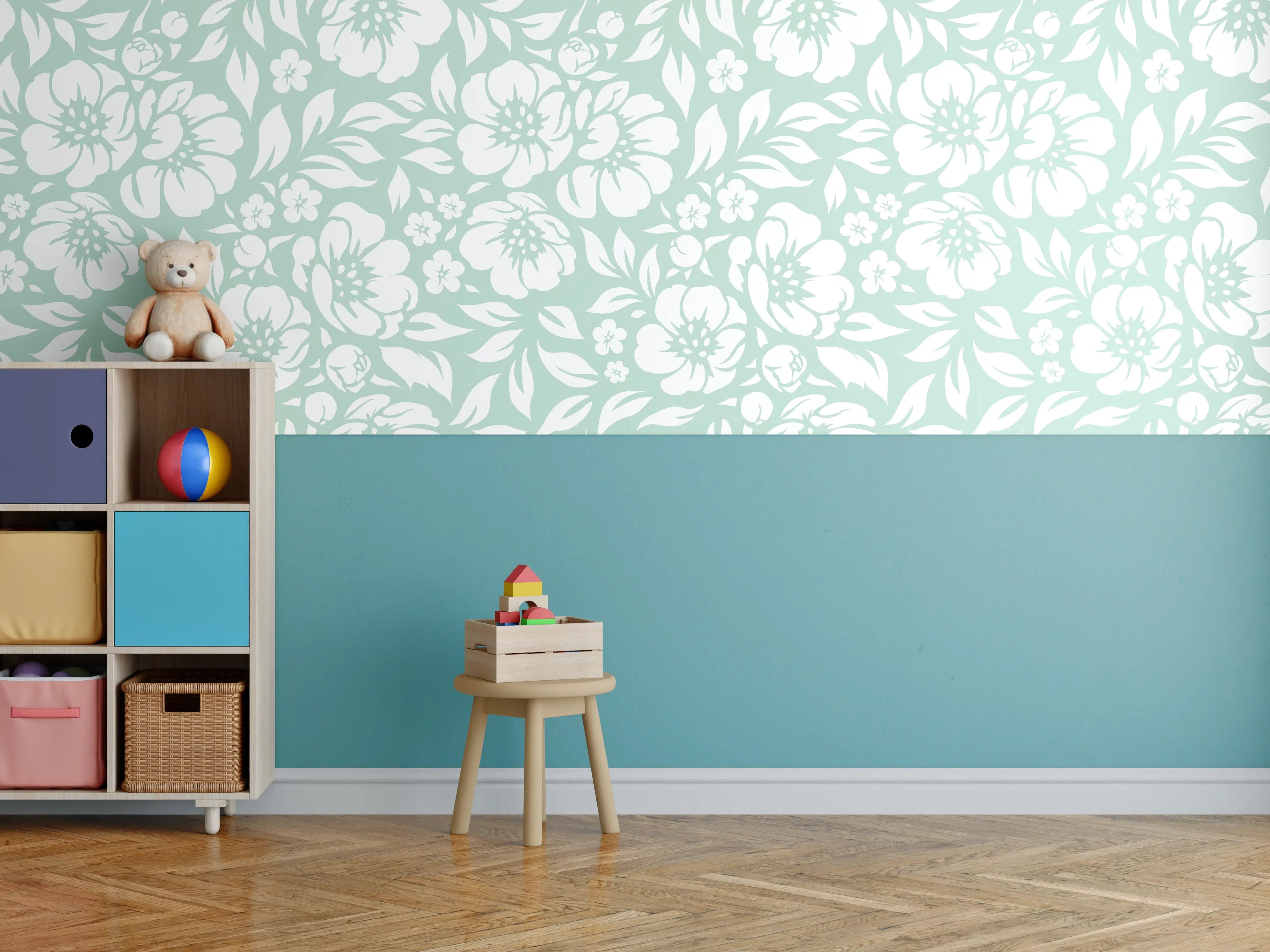 Kinderzimmer Wandgestaltung - Weiß-Graue florale Muster für elegante Räume