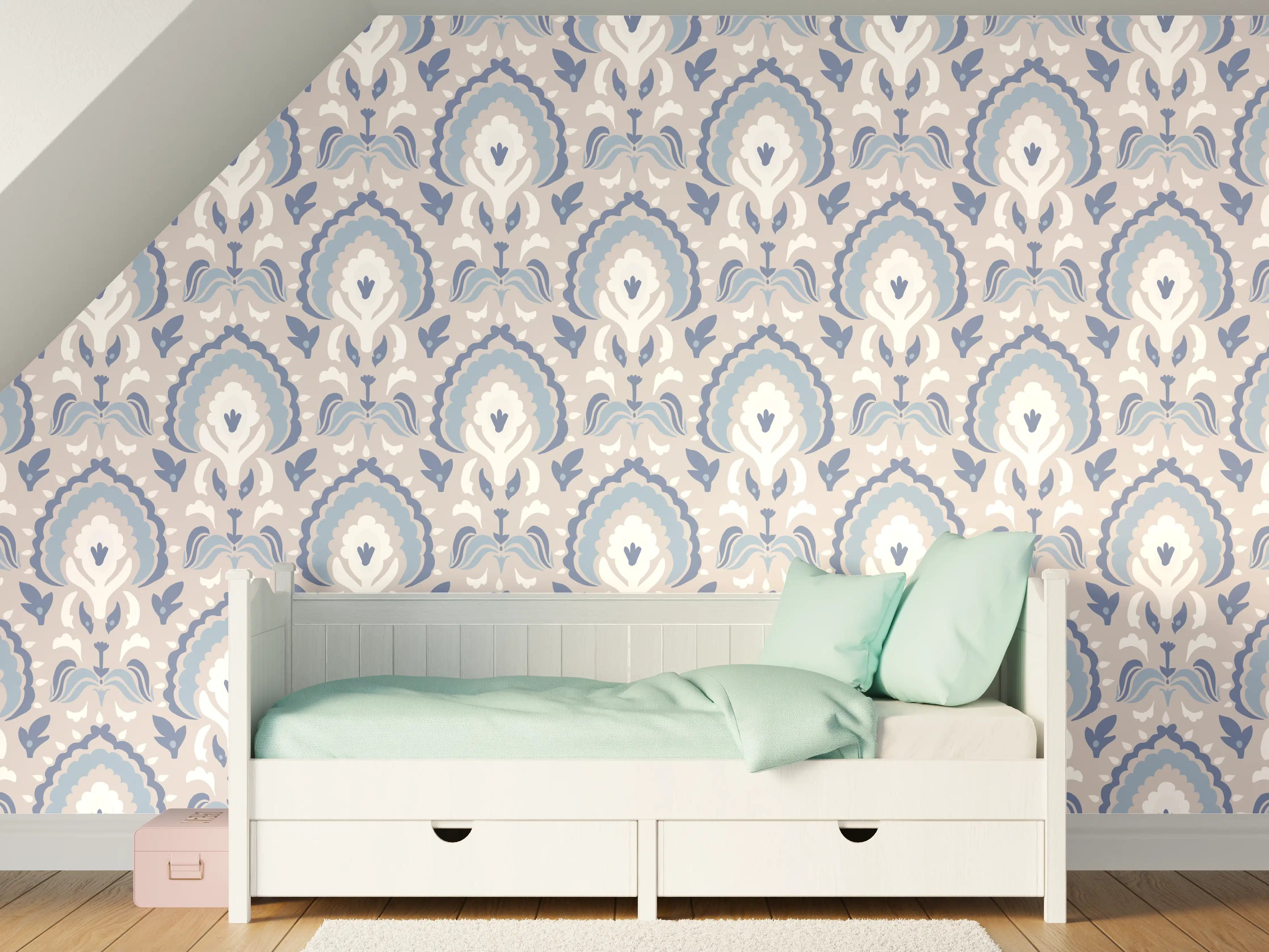 Kinderzimmer Wandgestaltung - Weiß-Graues Damastmuster Seamless