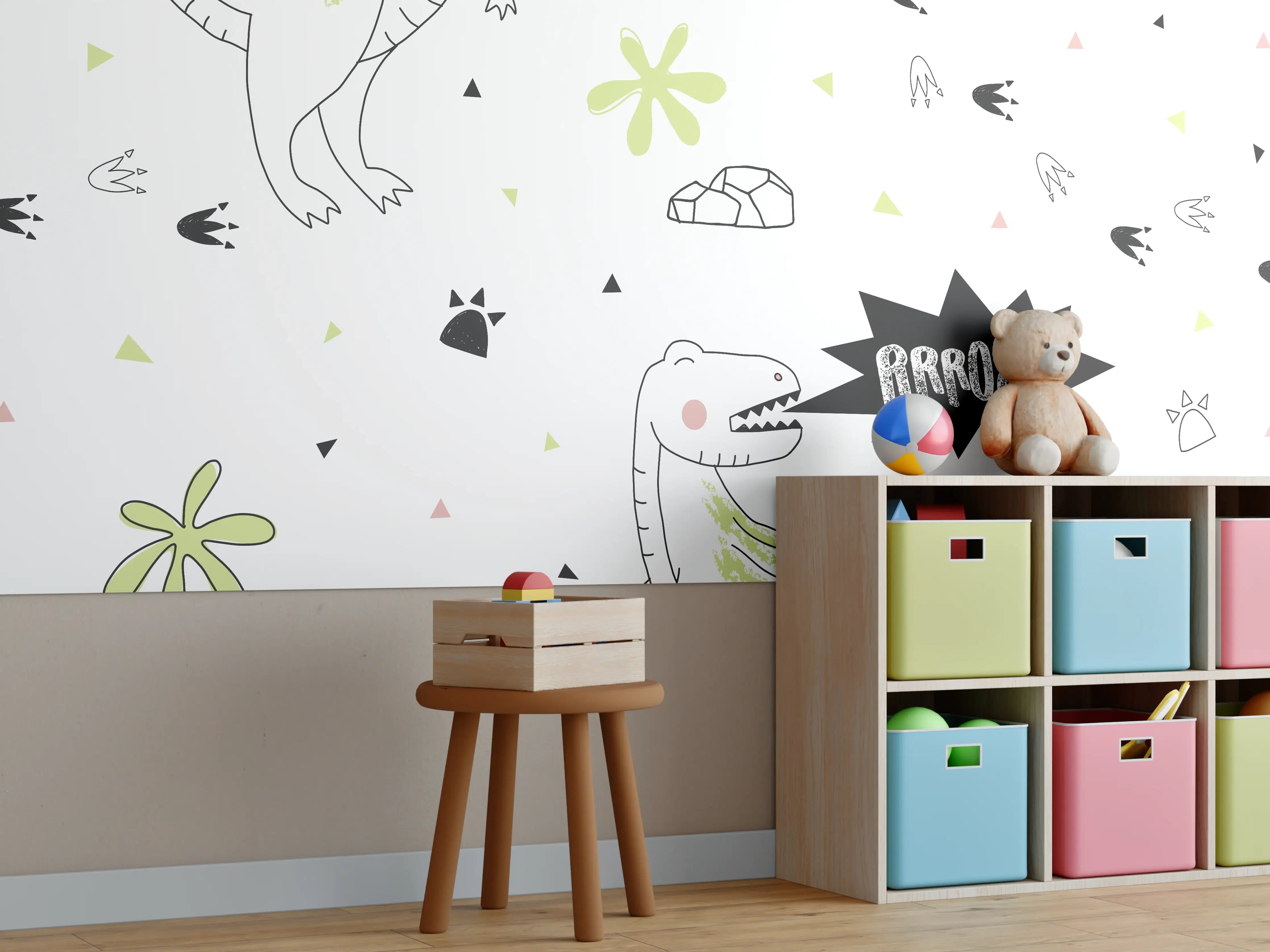 Kinderzimmer Wandgestaltung - Weiß-Grünes Dinosaurier-Muster