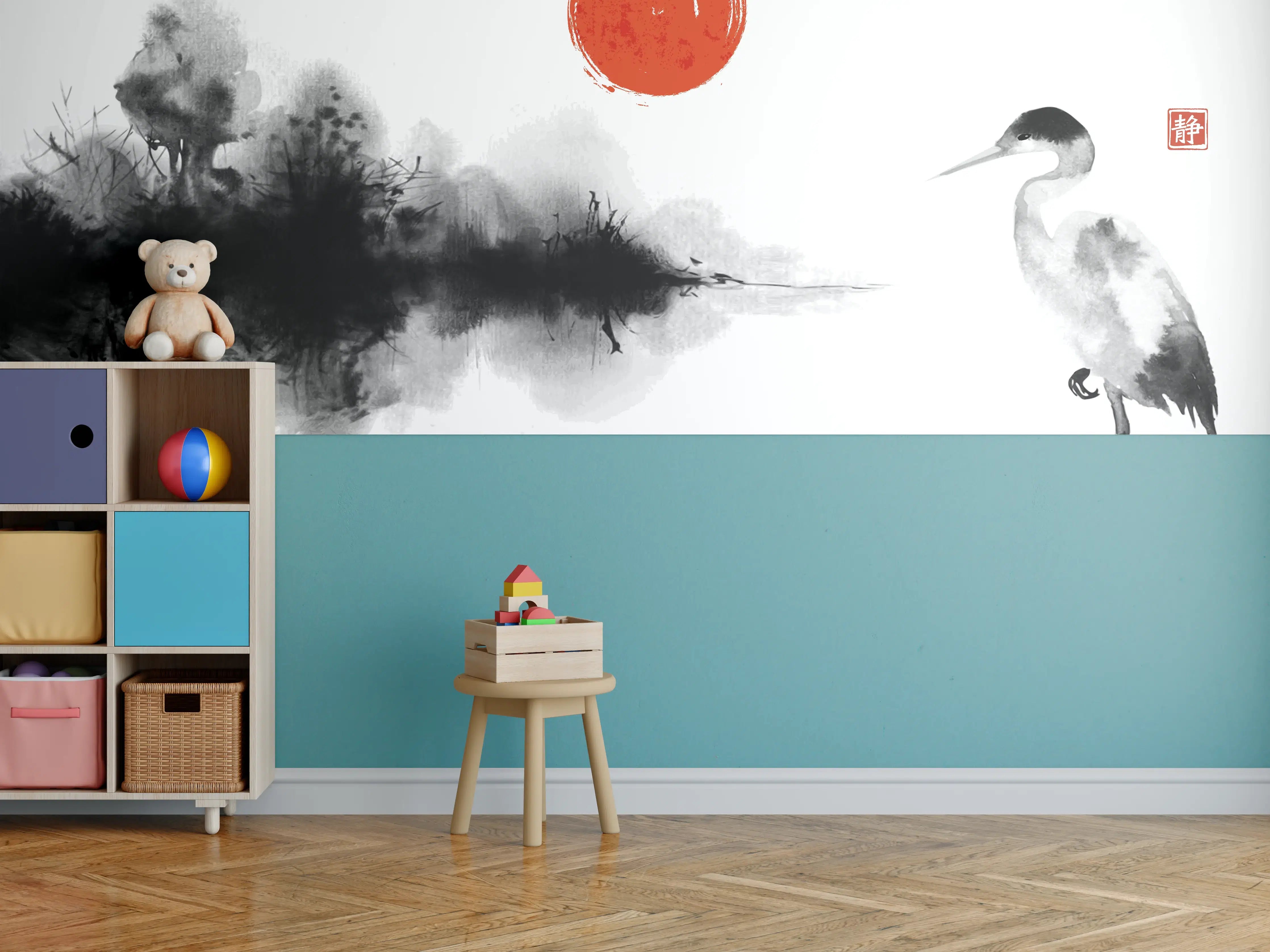 Kinderzimmer Wandgestaltung - Weiß-Schwarze Kranich Malerei