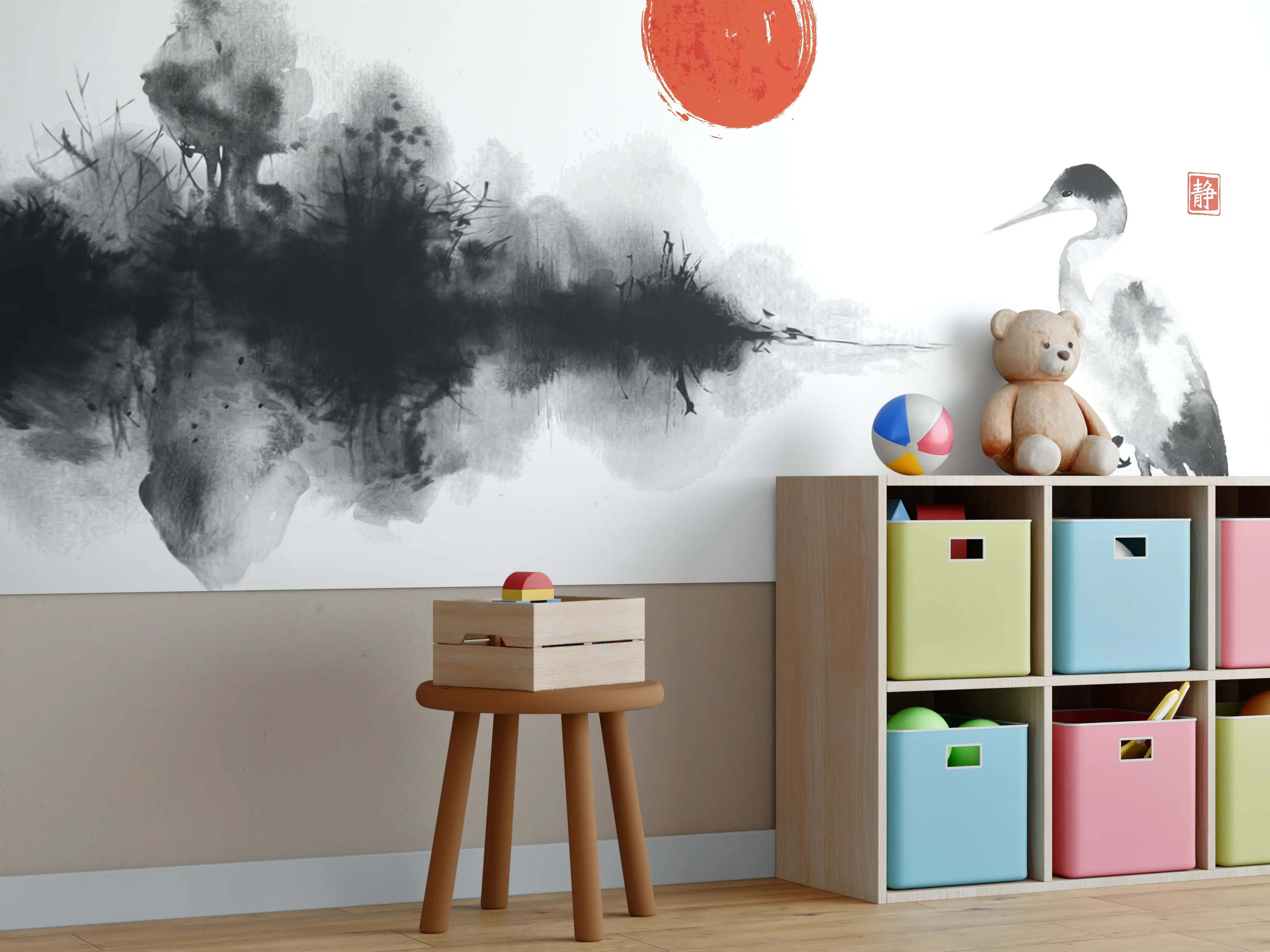 Kinderzimmer Wandgestaltung - Weiß-Schwarze Kranich Malerei