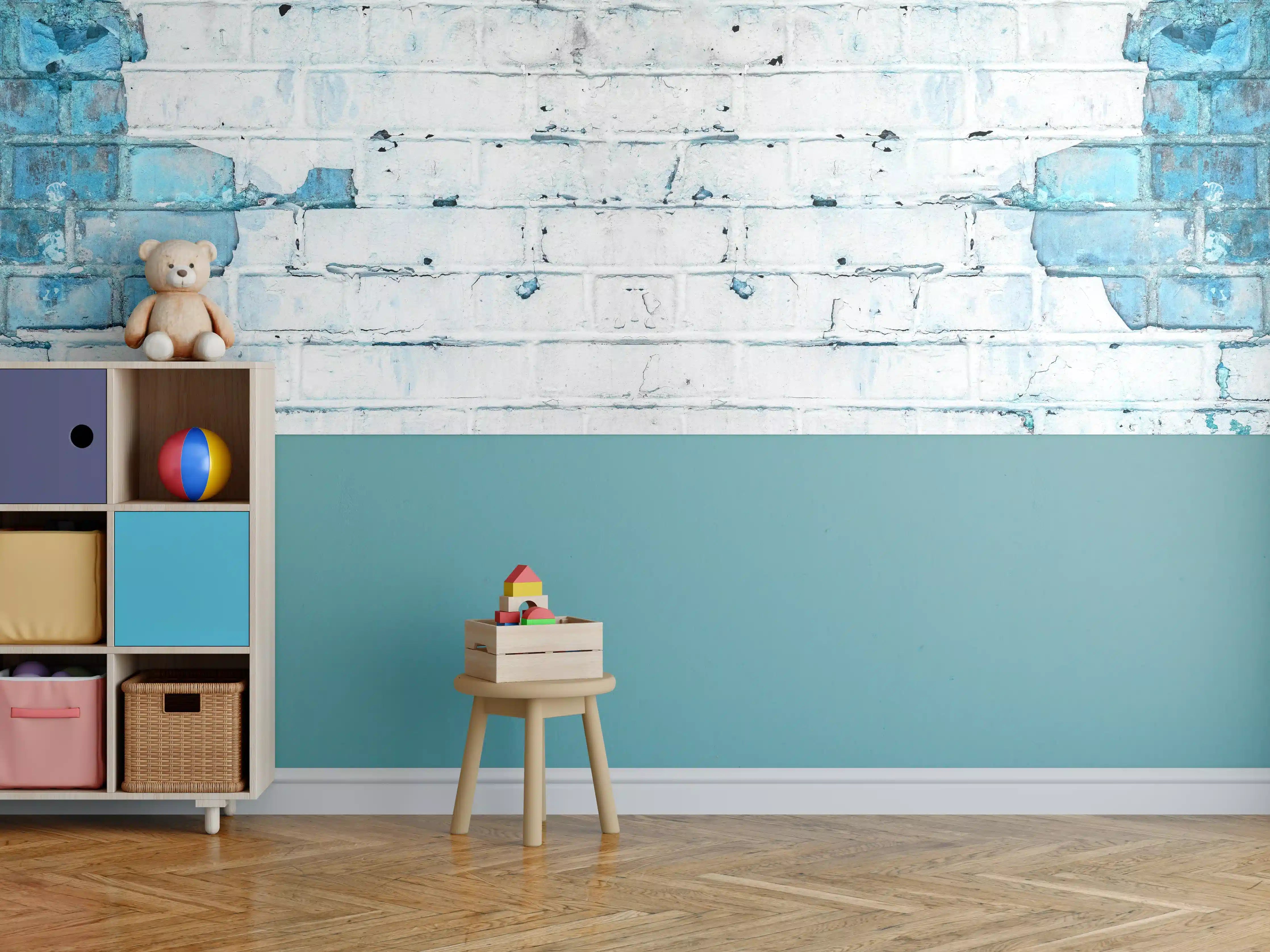 Kinderzimmer Wandgestaltung - Weiß blau beschädigte Backsteinmauer