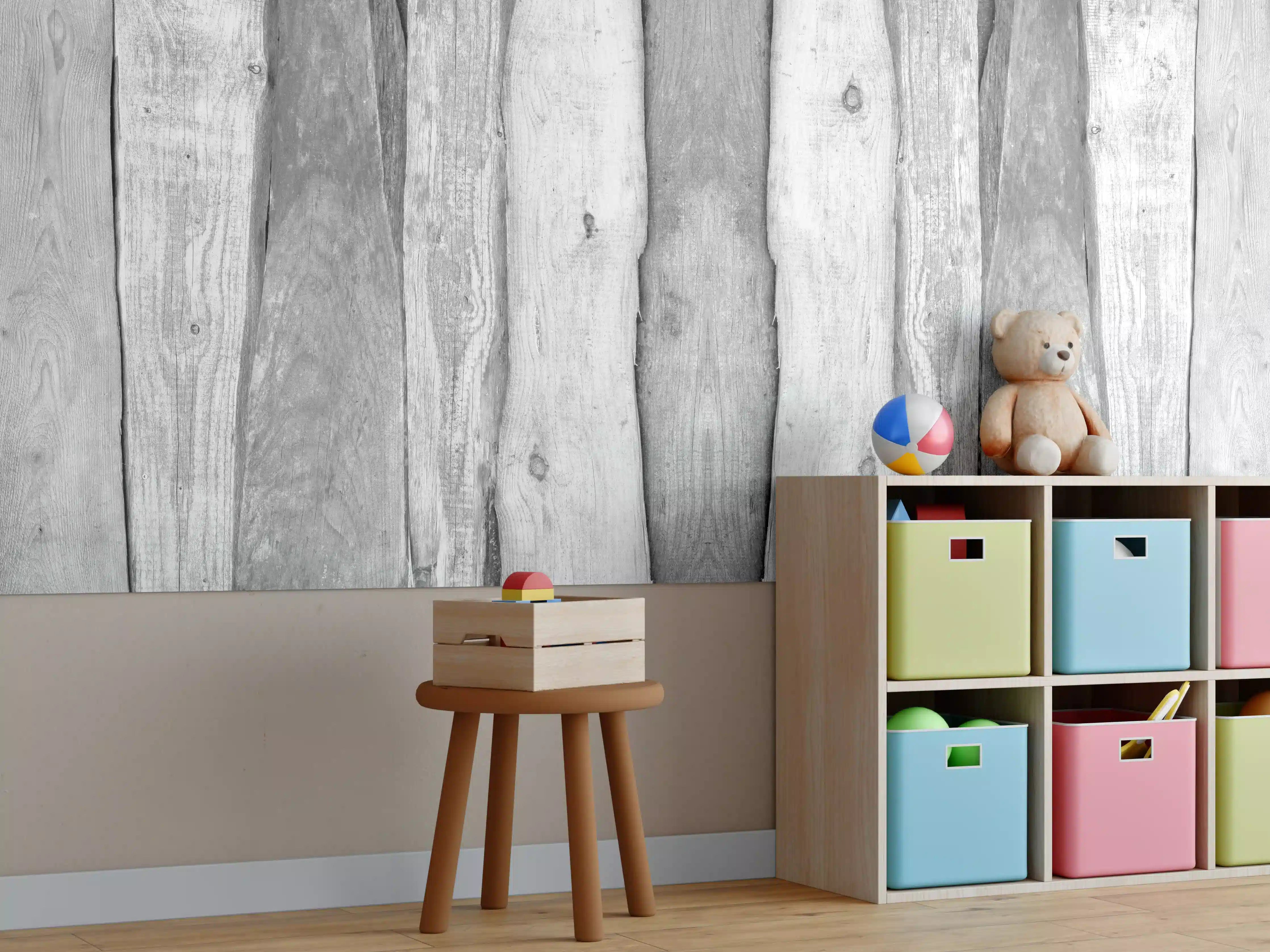 Kinderzimmer Wandgestaltung - Weiß grau gestrichene Holzstruktur
