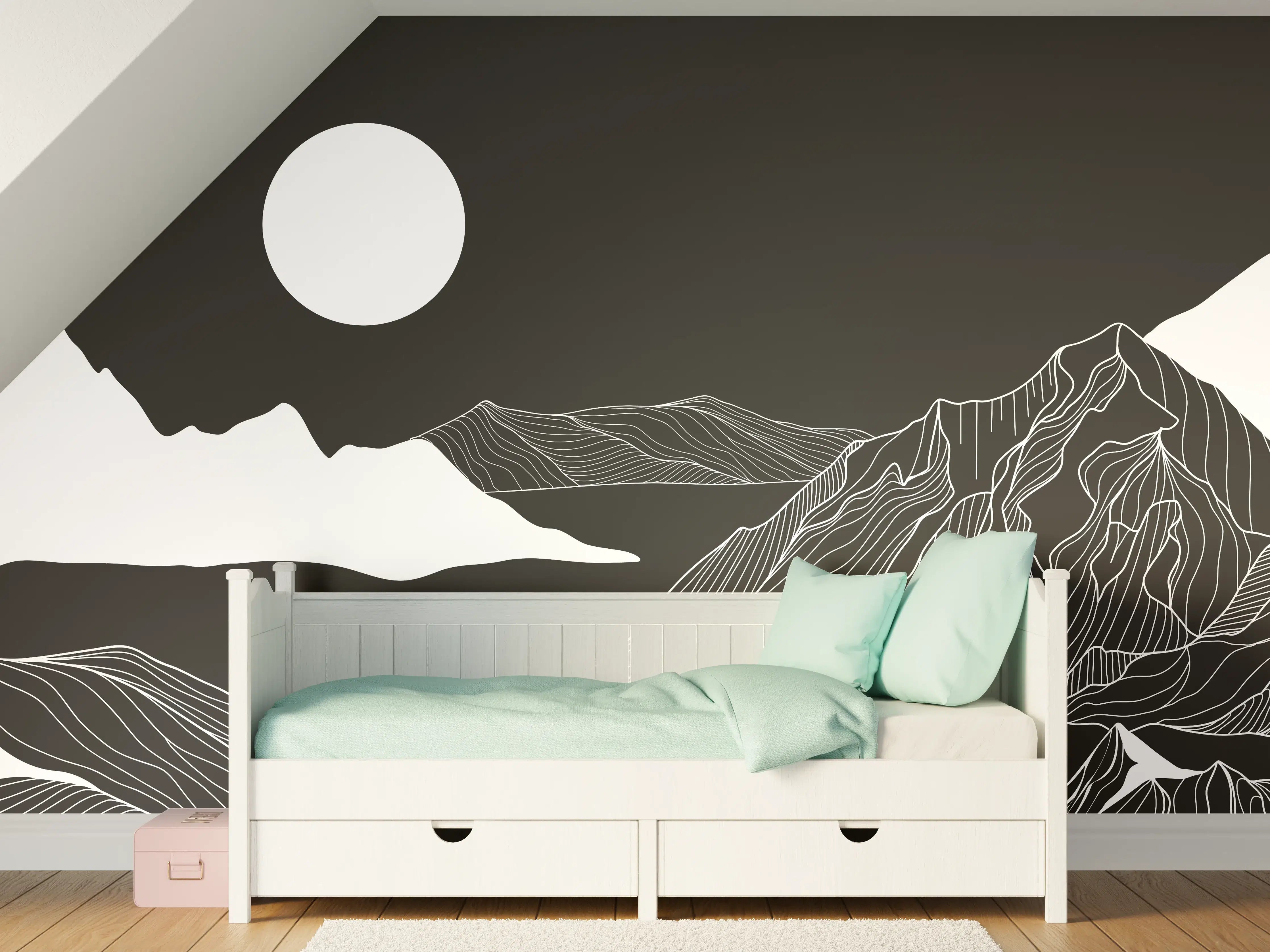 Kinderzimmer Wandgestaltung - Weiße Berglandschaft mit Vollmond
