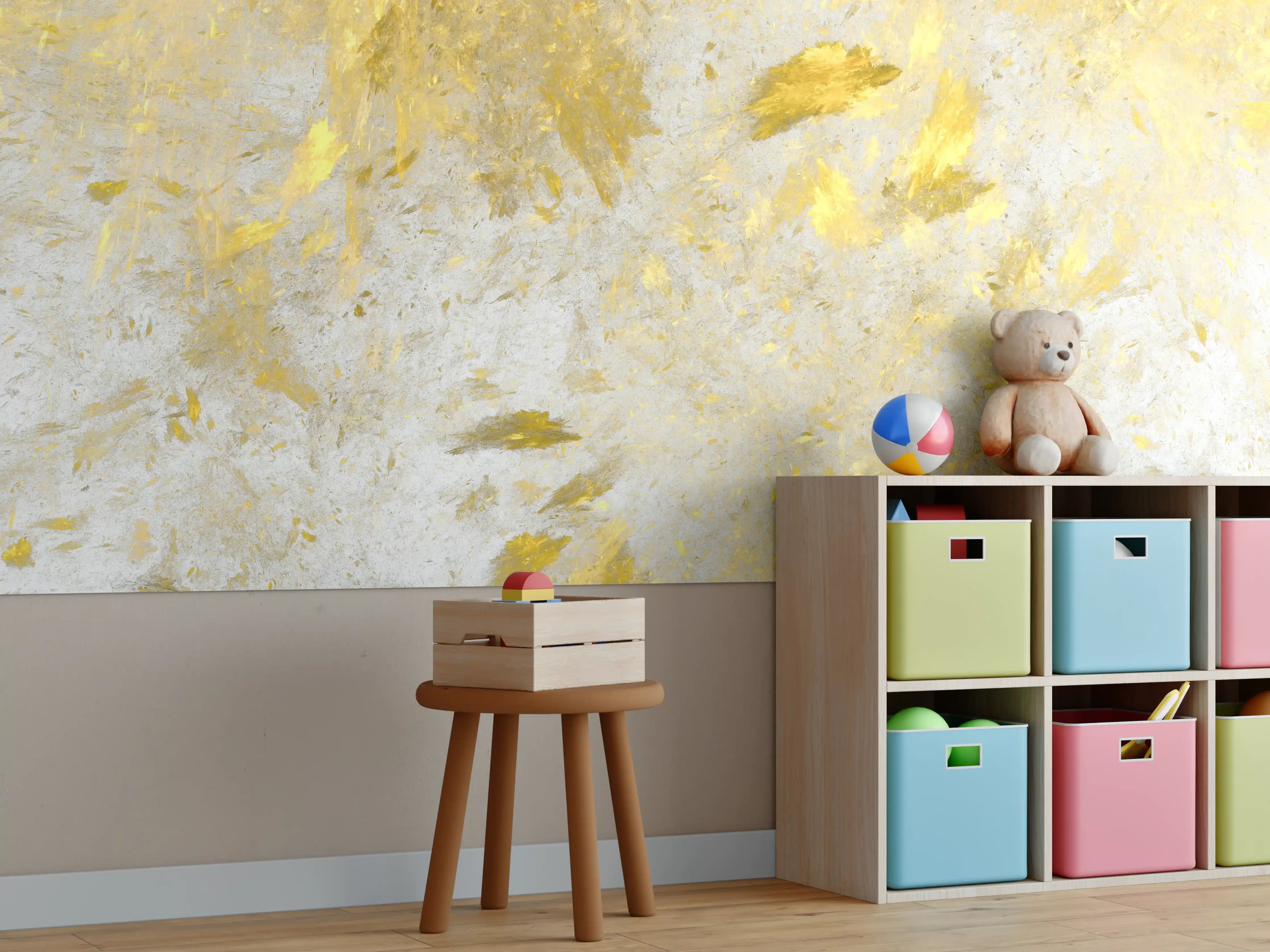 Kinderzimmer Wandgestaltung - Weiße Betonwand mit goldener Akzentuierung