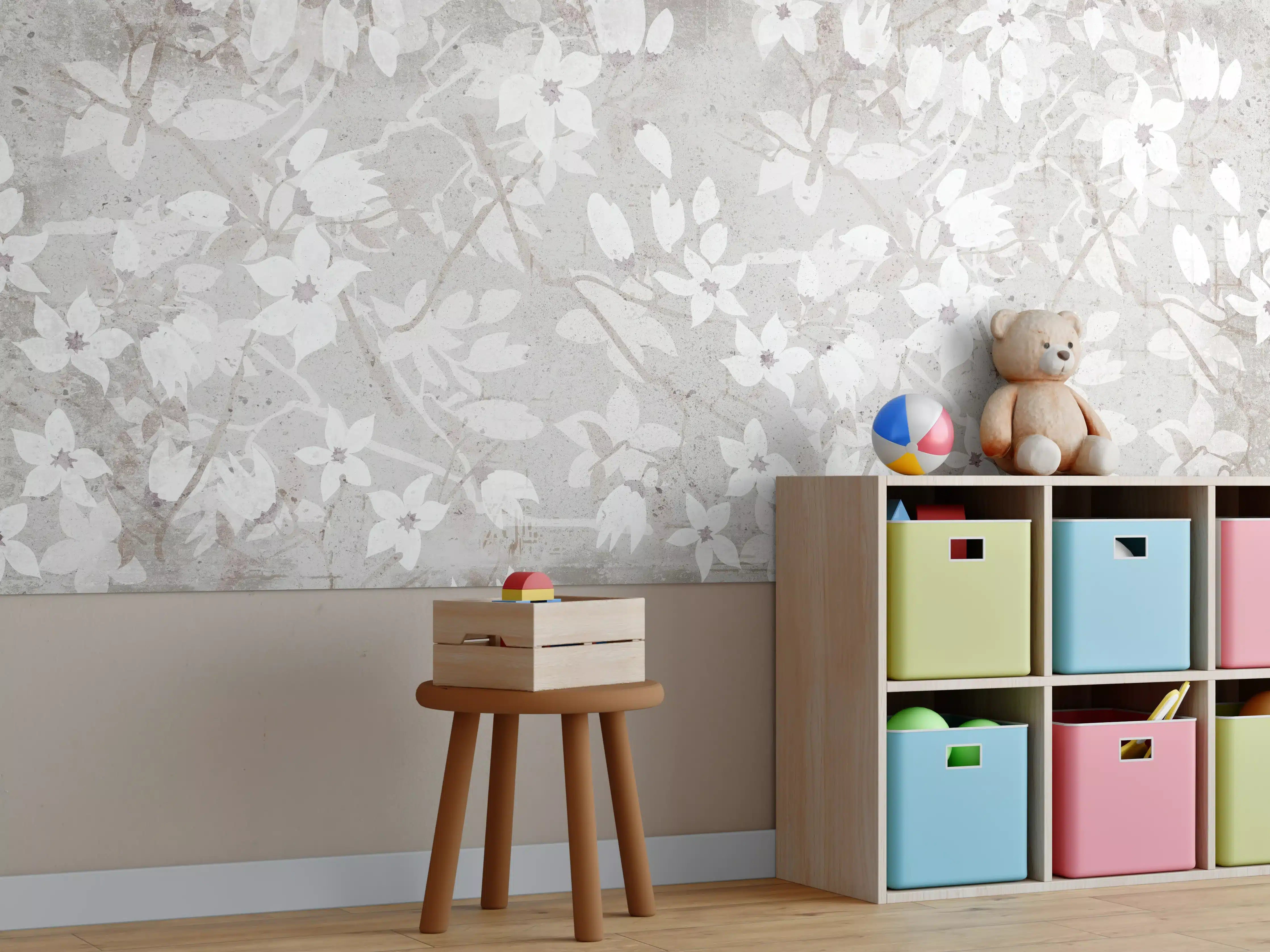 Kinderzimmer Wandgestaltung - Weiße Blüten auf grau-beigem Hintergrund