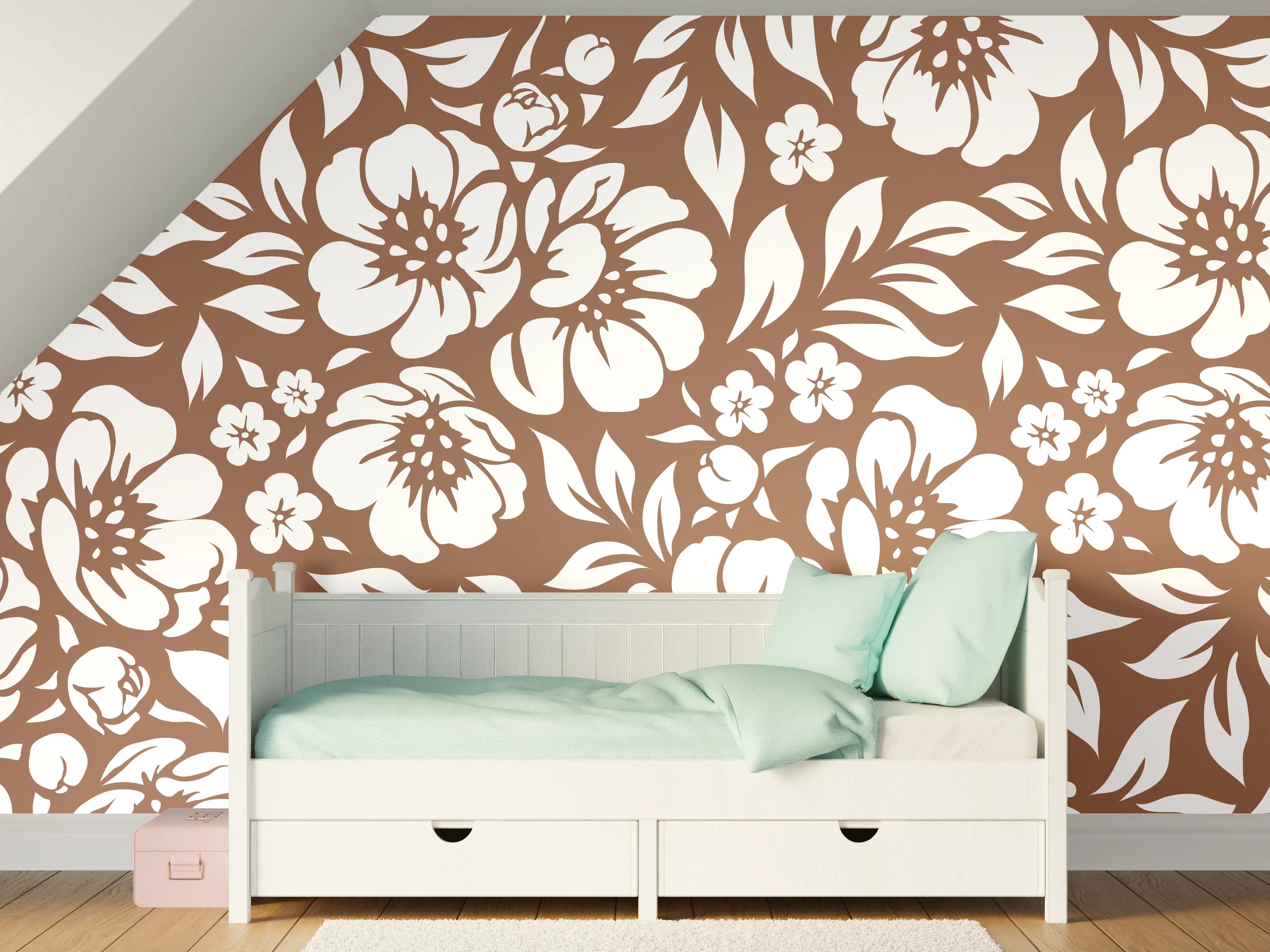 Kinderzimmer Wandgestaltung - Weiße Blumenmuster mit zarten Grautönen
