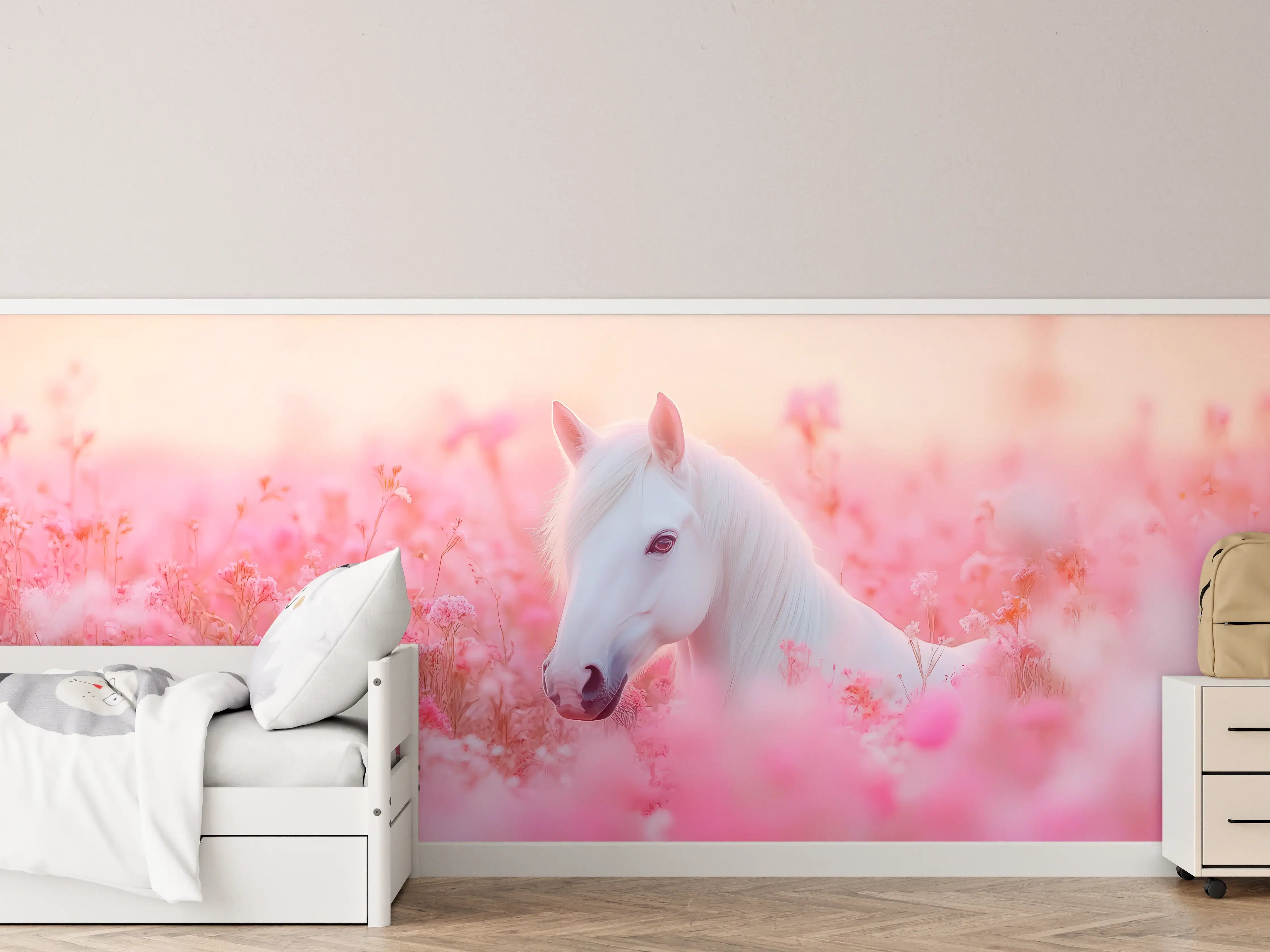 Kinderzimmer Wandgestaltung - Weiße Einhorn im pinken Blumenfeld