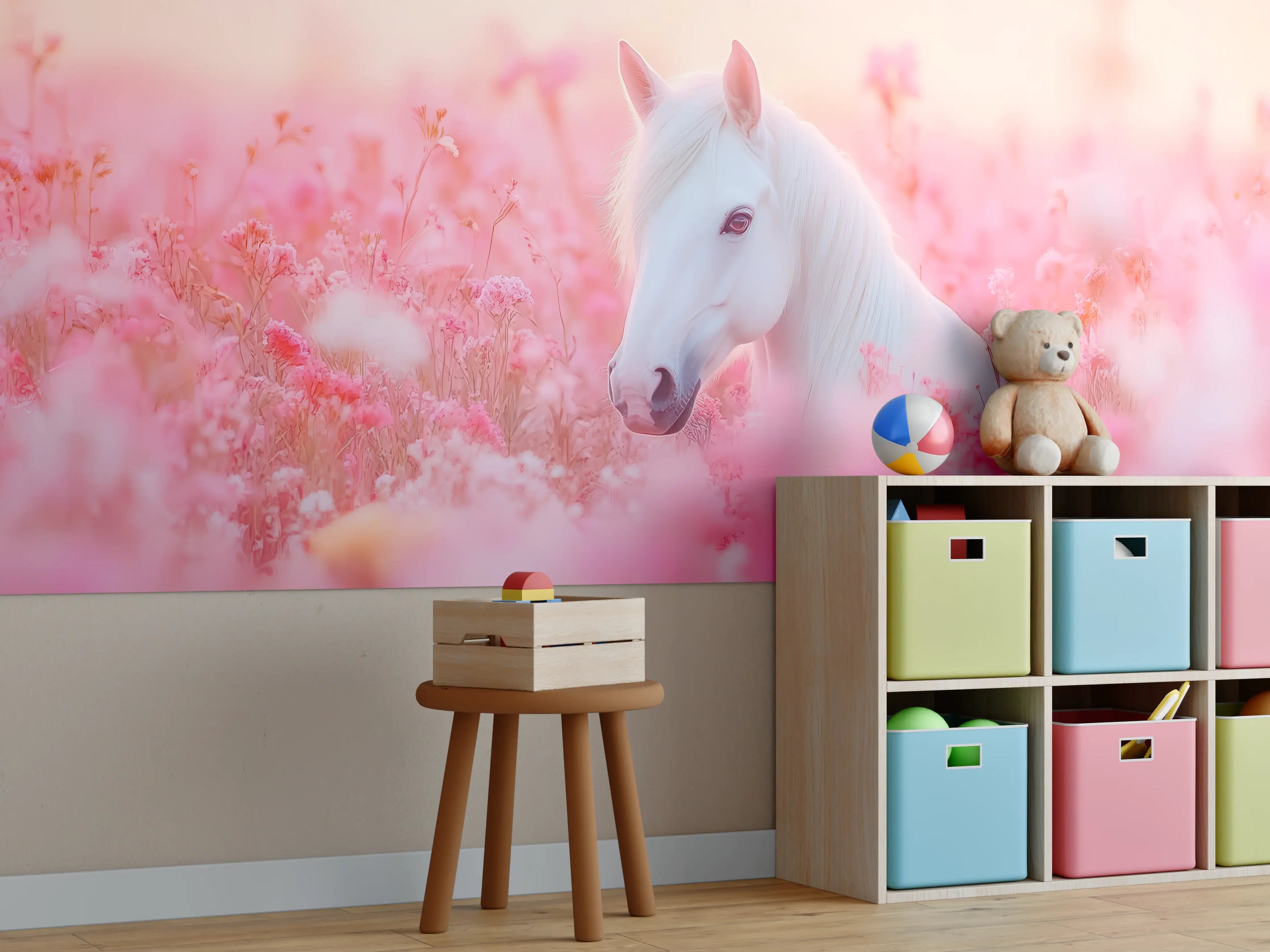 Kinderzimmer Wandgestaltung - Weiße Einhorn im pinken Blumenfeld
