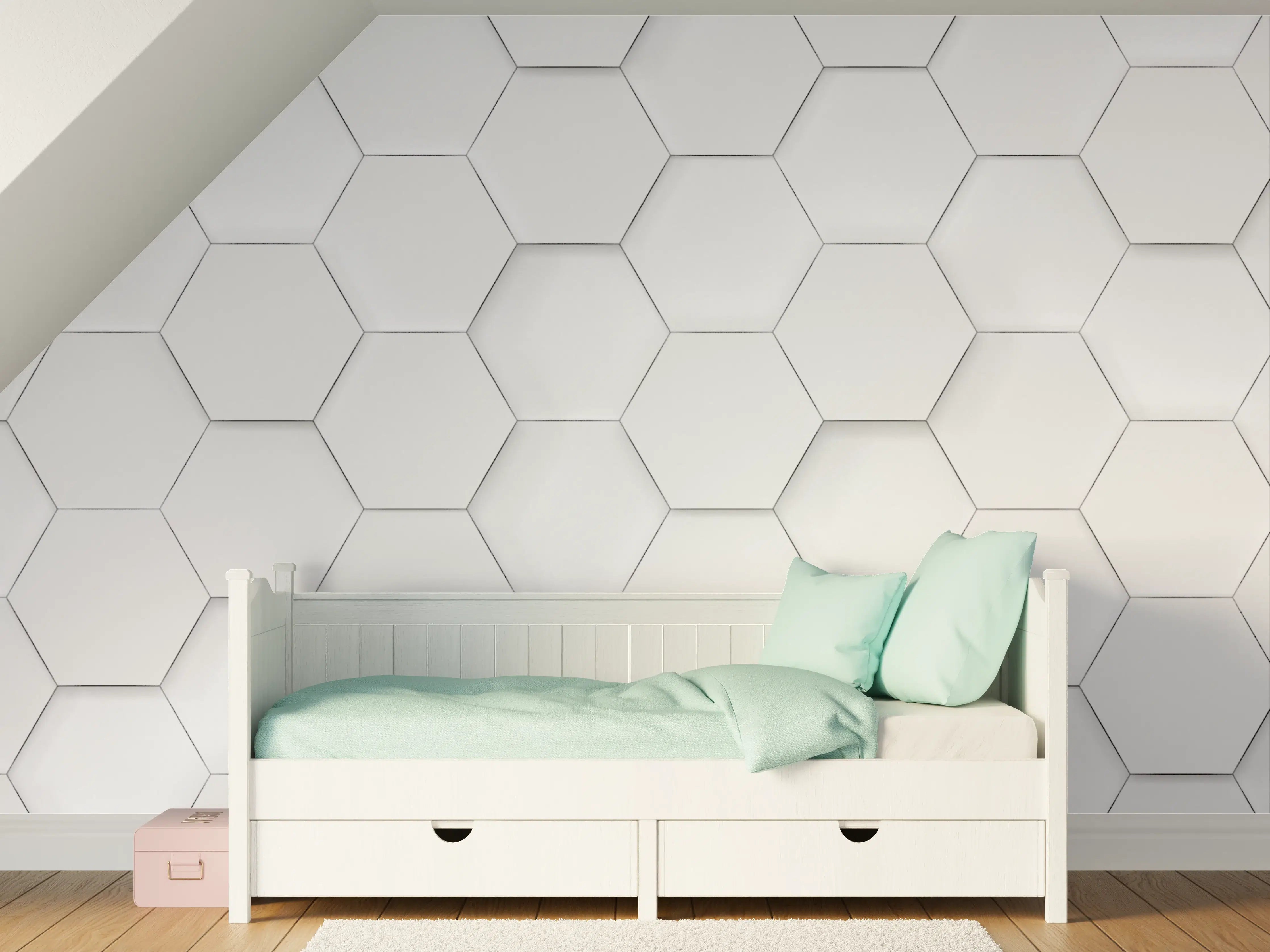Kinderzimmer Wandgestaltung - Weiße Hexagon-Fliesenwand mit neutrale Farben