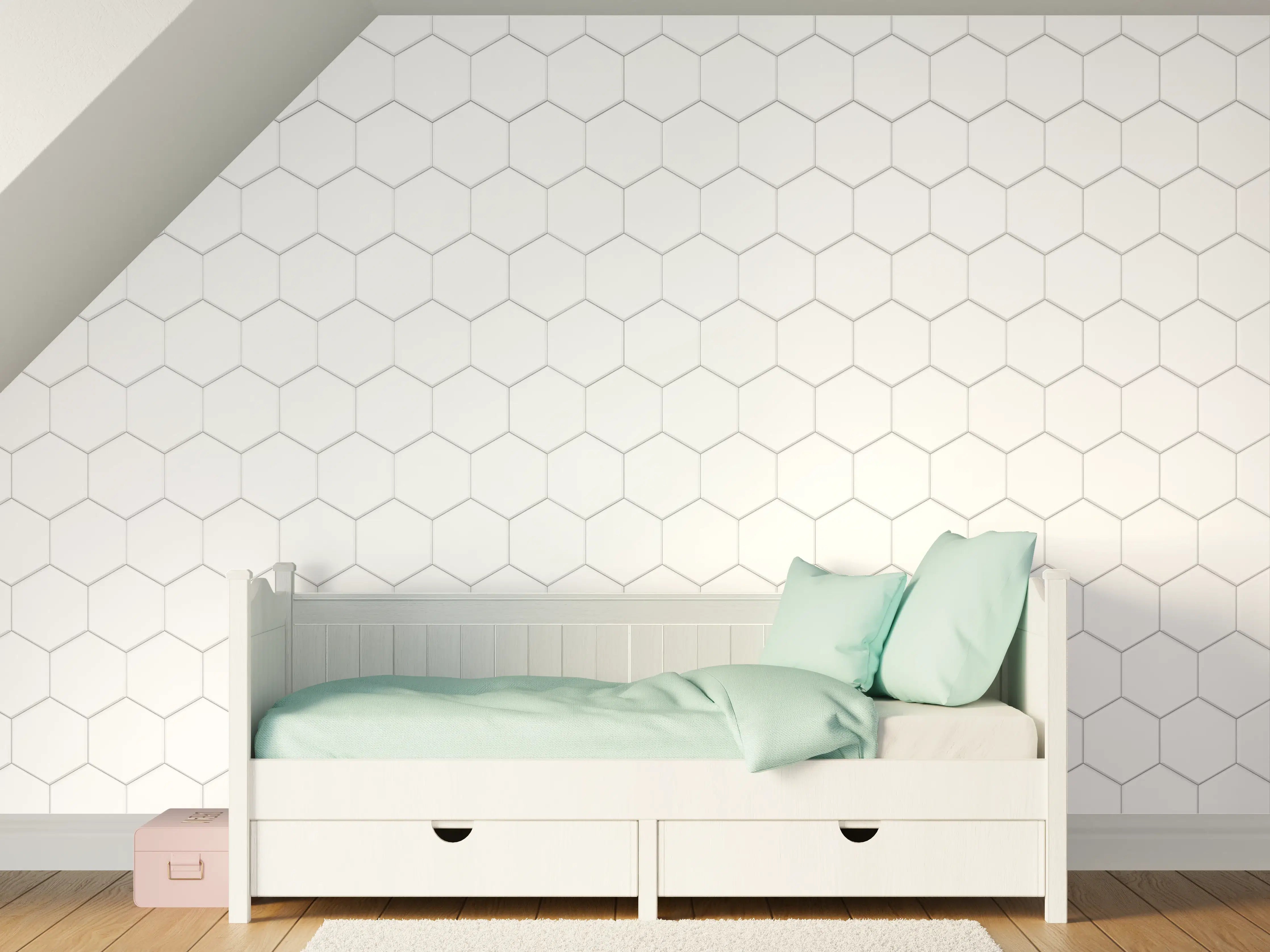 Kinderzimmer Wandgestaltung - Weiße Hexagonfliesen mit feiner Struktur