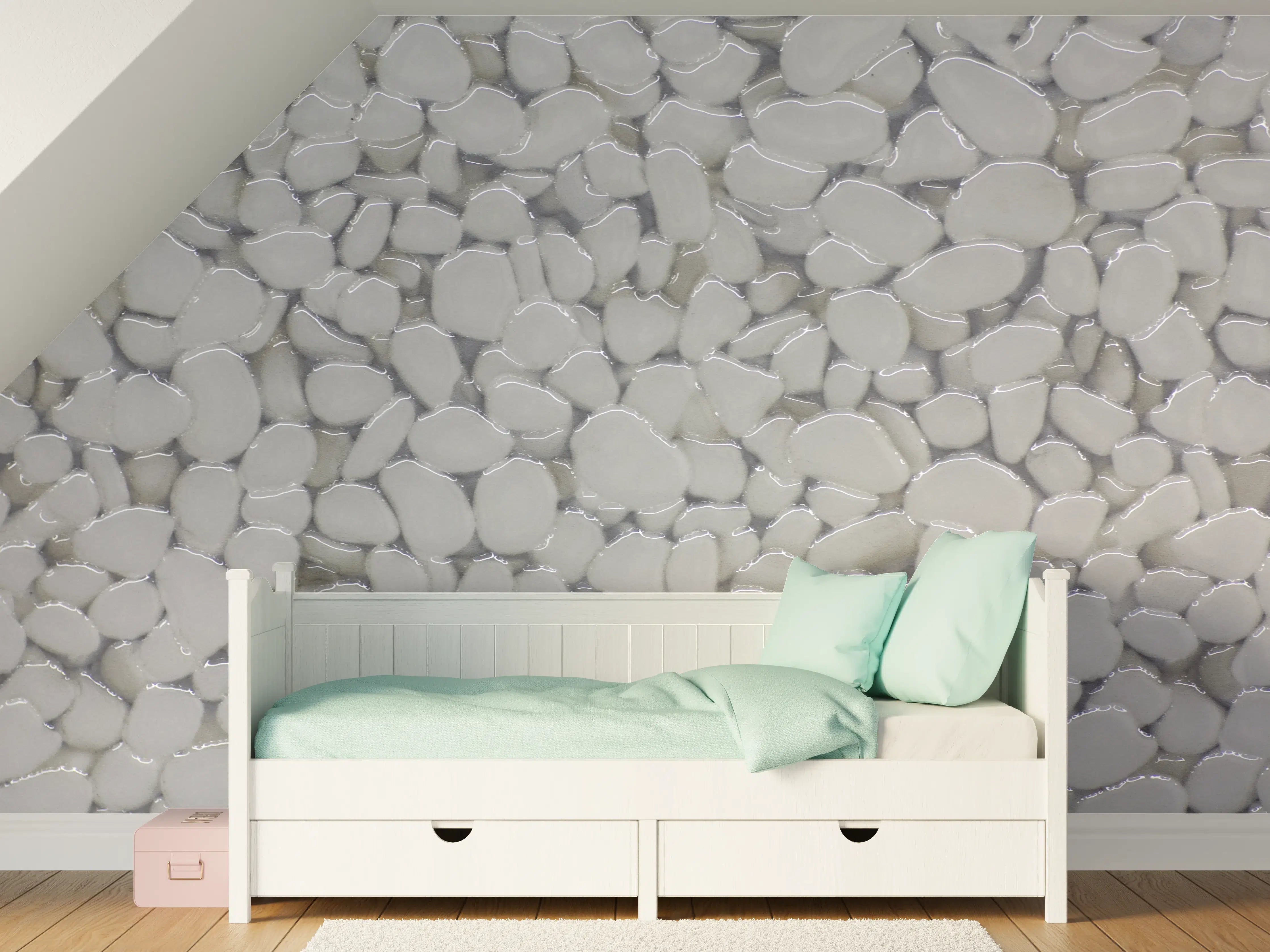 Kinderzimmer Wandgestaltung - Weiße Kieselsteine in grau-weißer Farbgebung