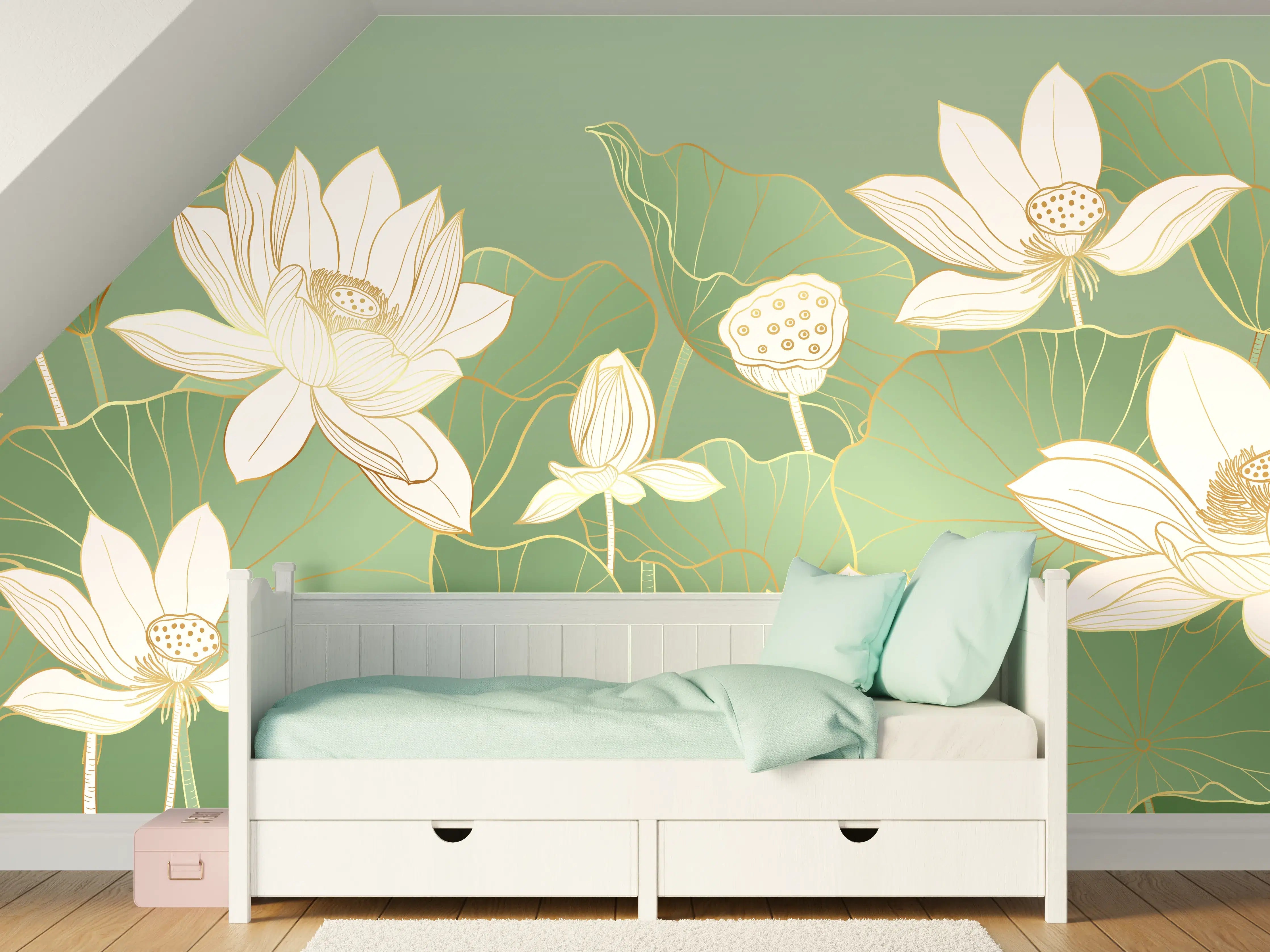 Kinderzimmer Wandgestaltung - Weiße Lotusblumen auf grünem Wasserlilien-Teppich