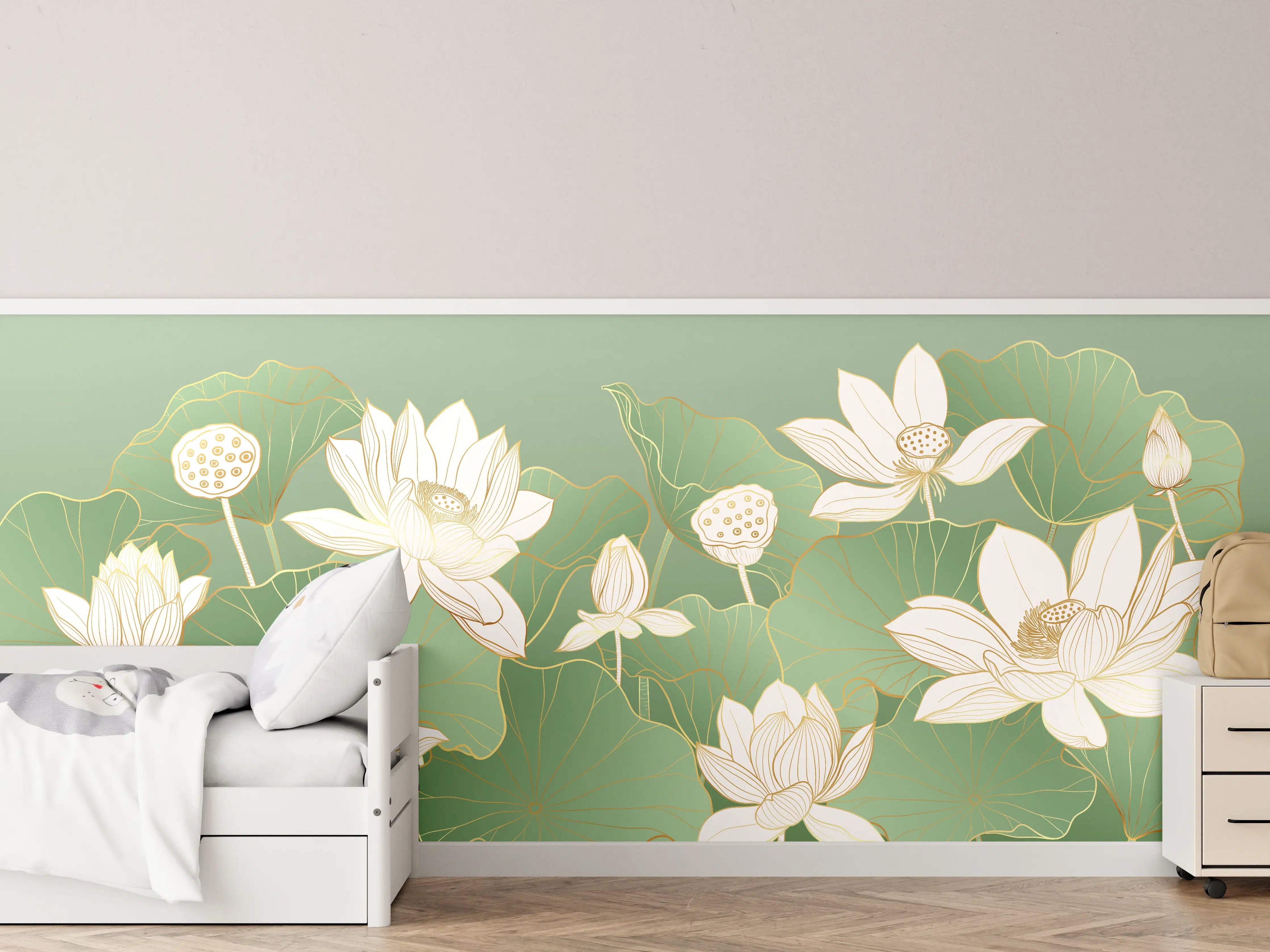 Kinderzimmer Wandgestaltung - Weiße Lotusblumen auf grünem Wasserlilien-Teppich