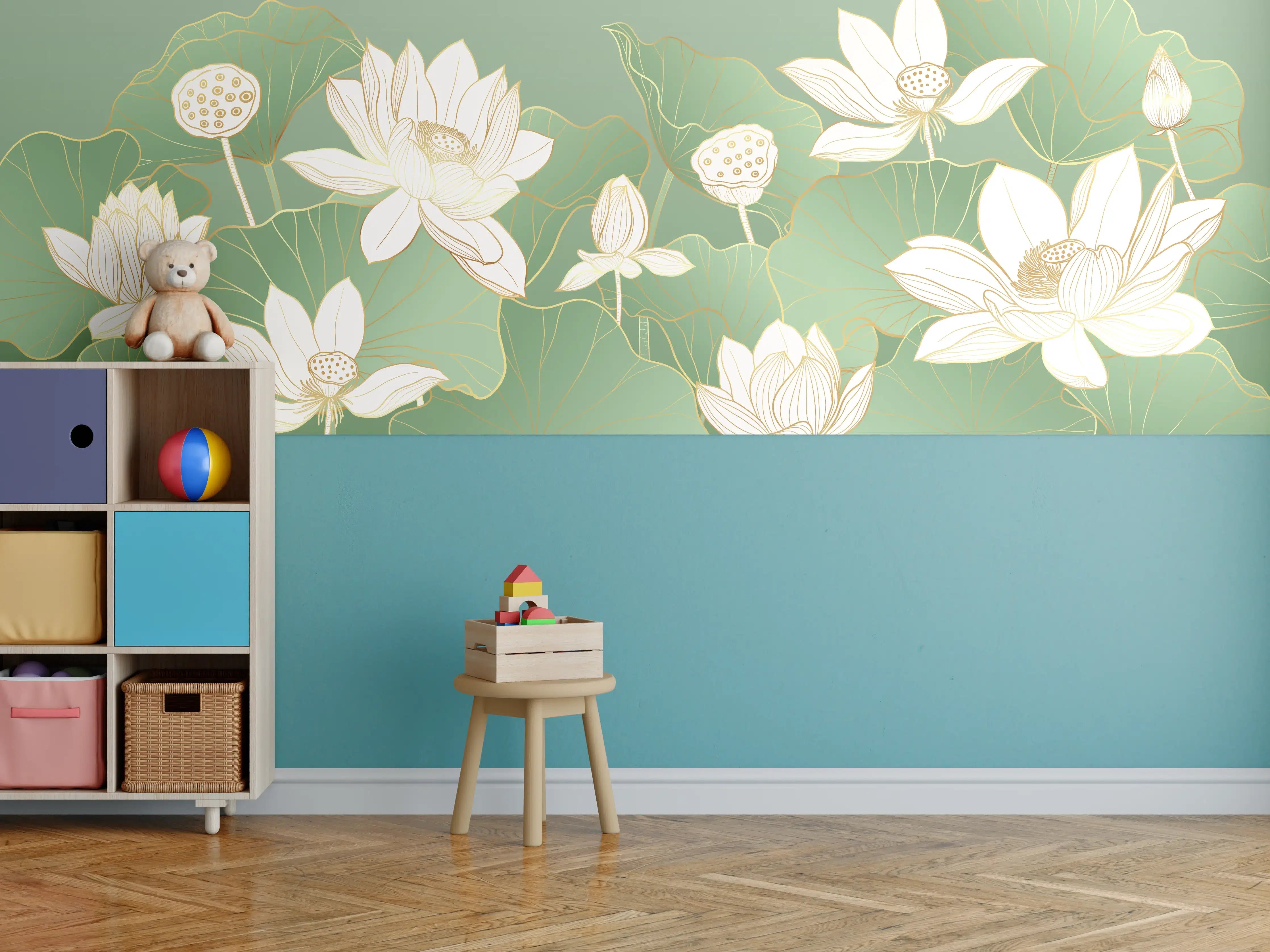 Kinderzimmer Wandgestaltung - Weiße Lotusblumen auf grünem Wasserlilien-Teppich