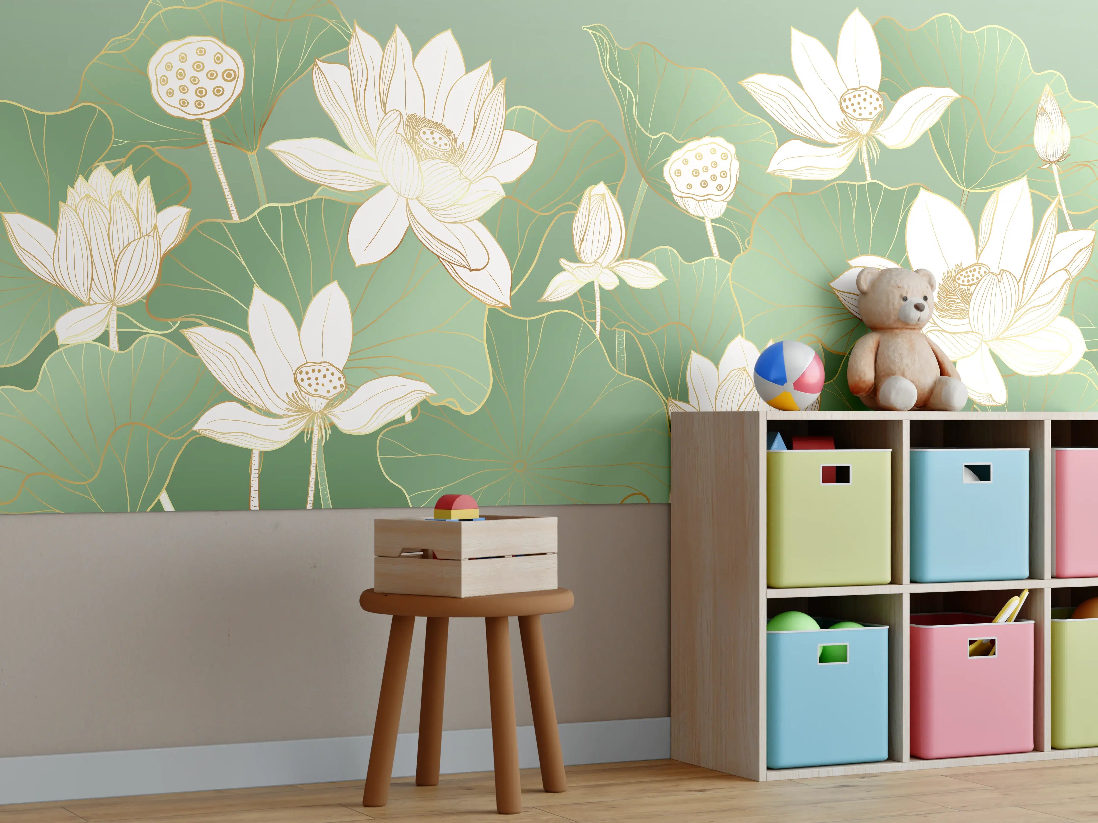 Kinderzimmer Wandgestaltung - Weiße Lotusblumen auf grünem Wasserlilien-Teppich