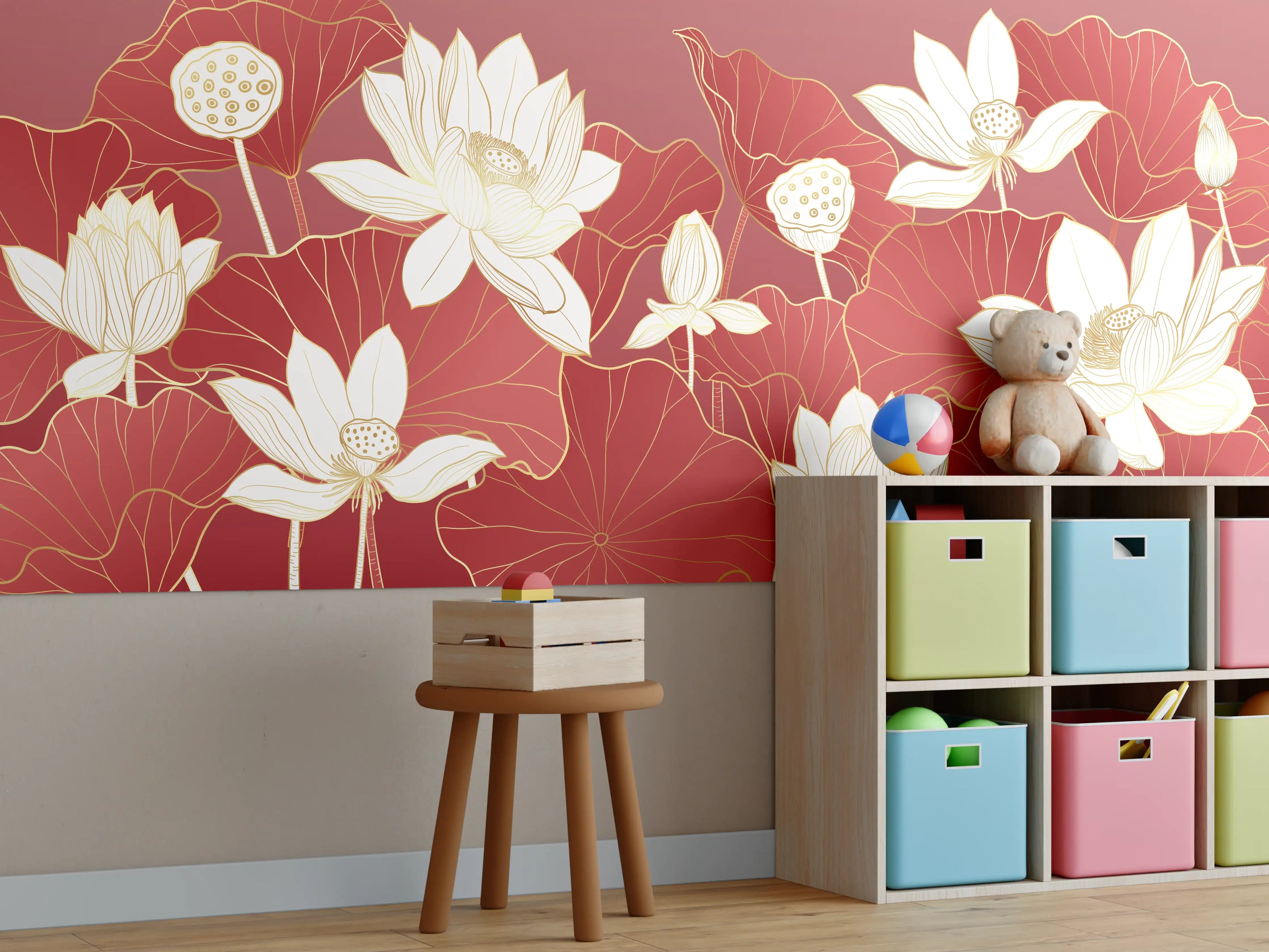 Kinderzimmer Wandgestaltung - Weiße Lotusblumen auf rotem Hintergrund mit Goldakzenten