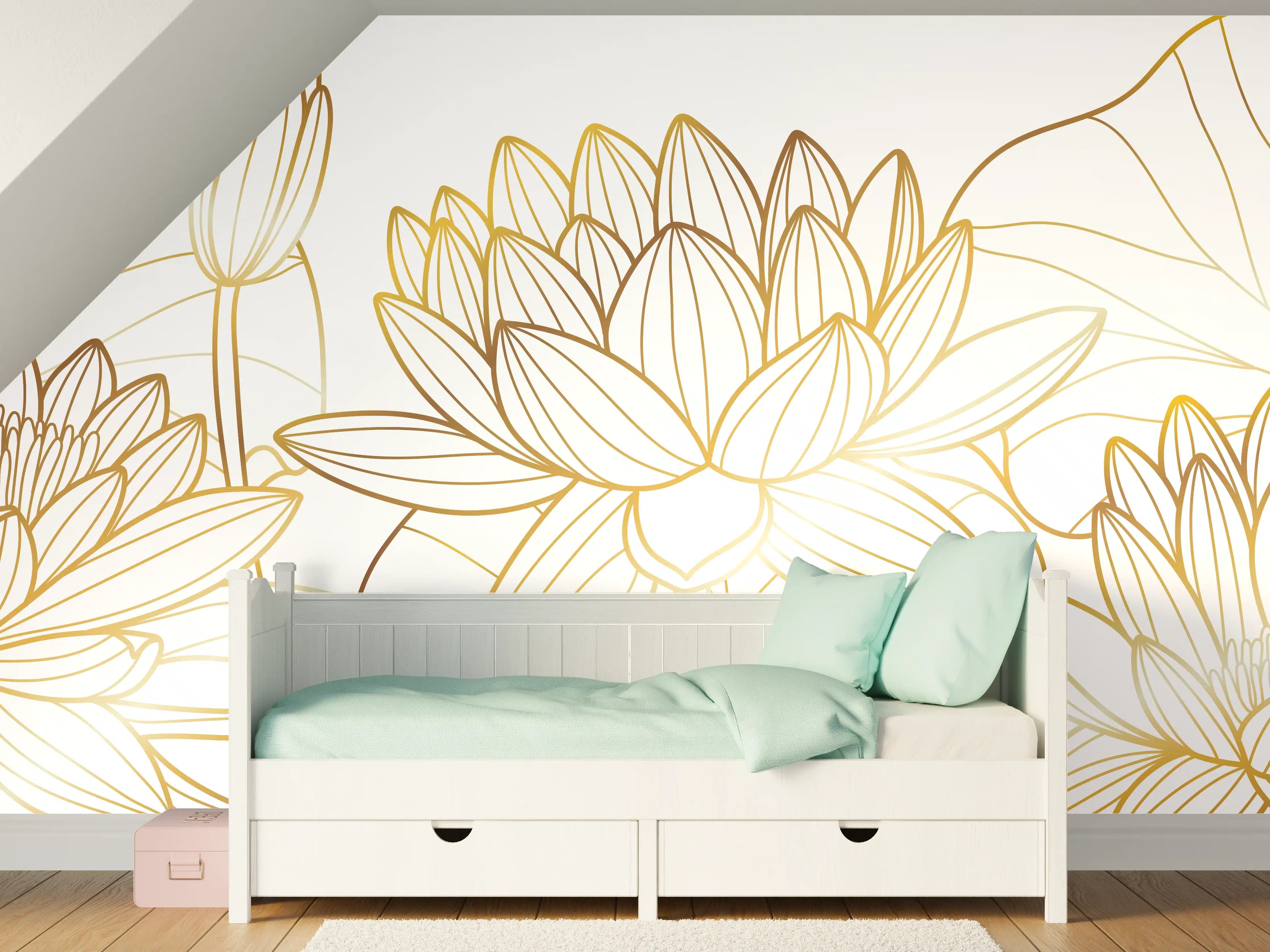 Kinderzimmer Wandgestaltung - Weiße Lotusblumen mit Goldakzenten
