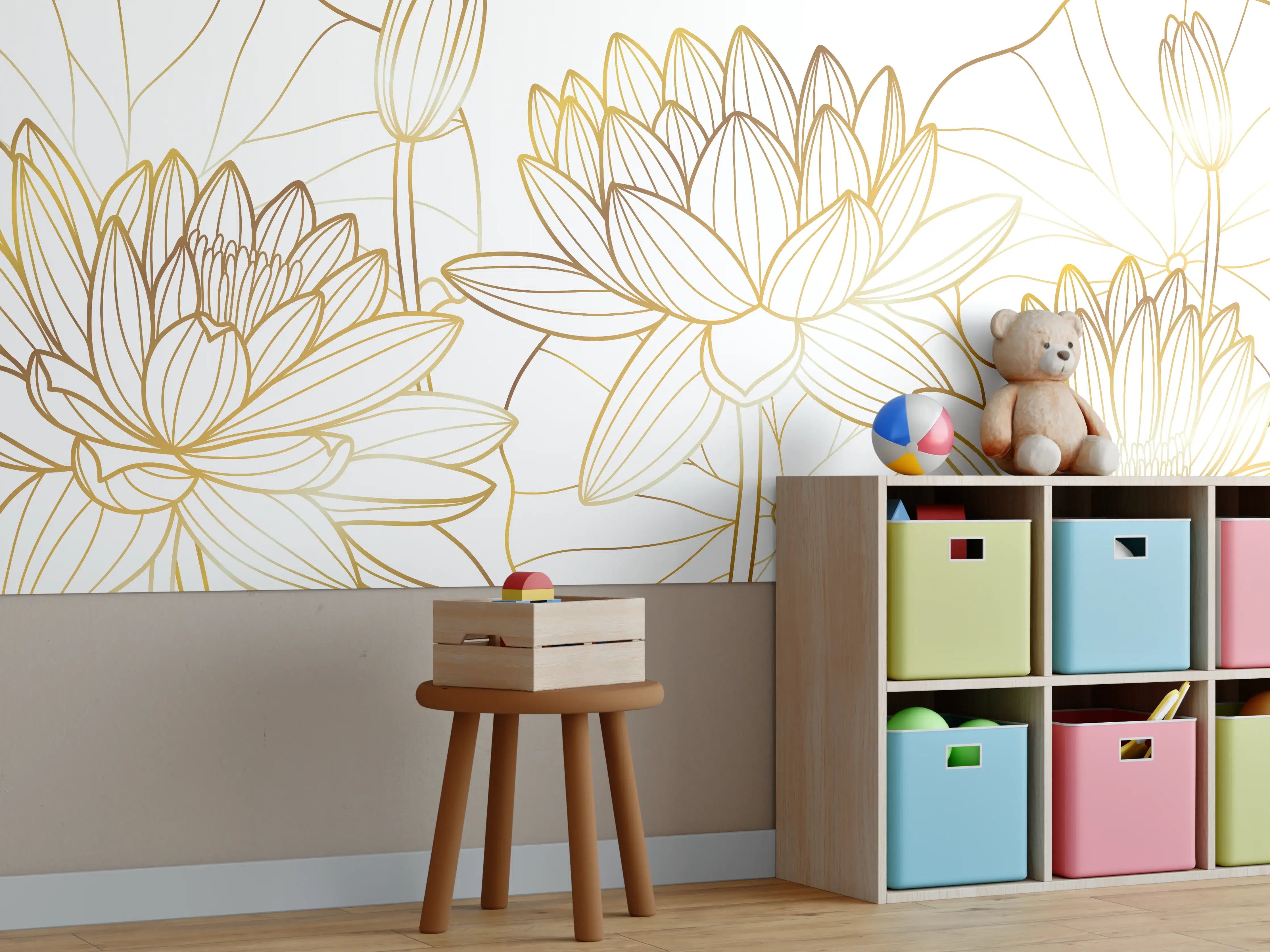Kinderzimmer Wandgestaltung - Weiße Lotusblumen mit Goldakzenten