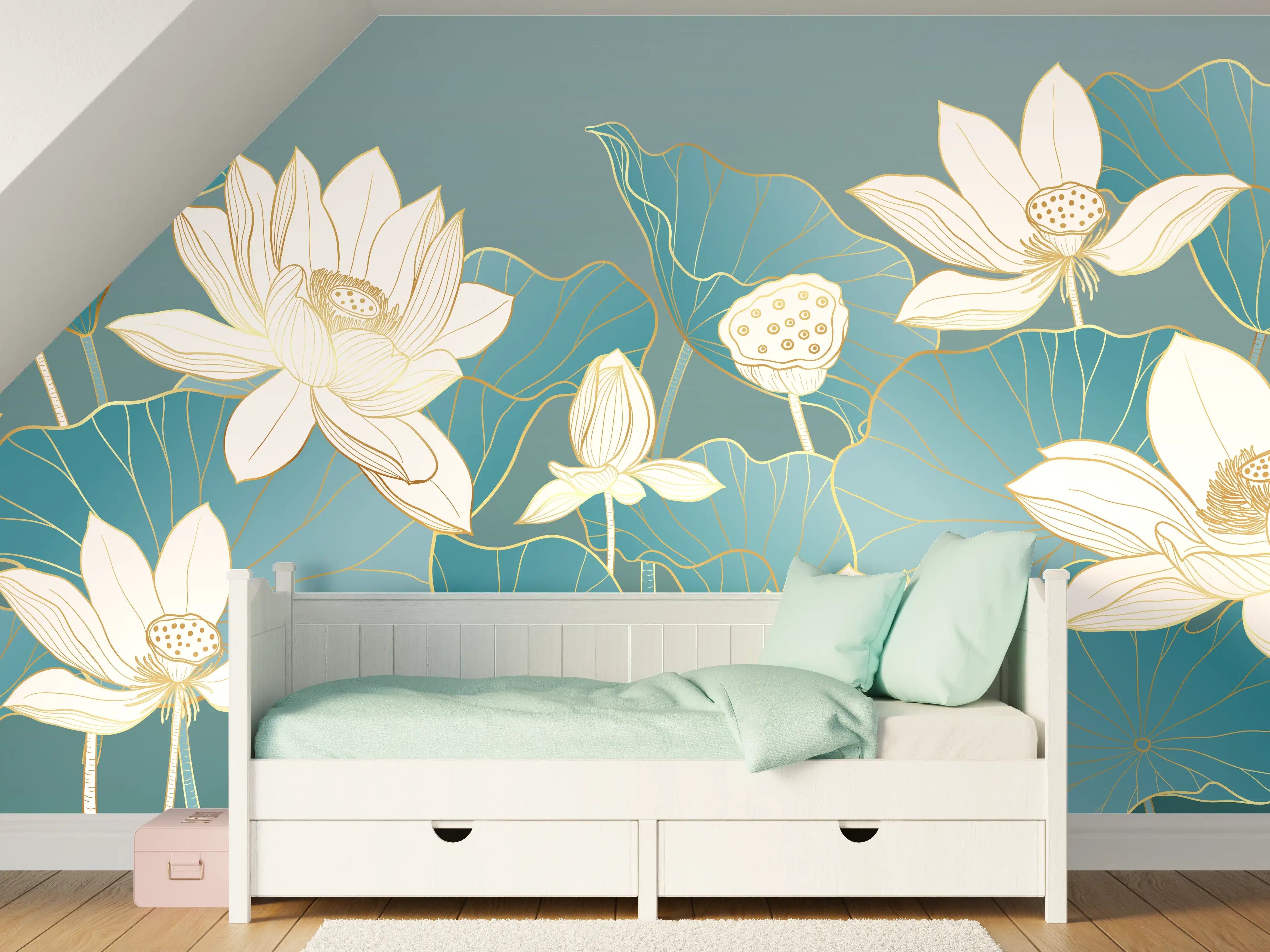 Kinderzimmer Wandgestaltung - Weiße Lotusblumen vor blauen Wasserlilienblättern mit goldenen Akzenten