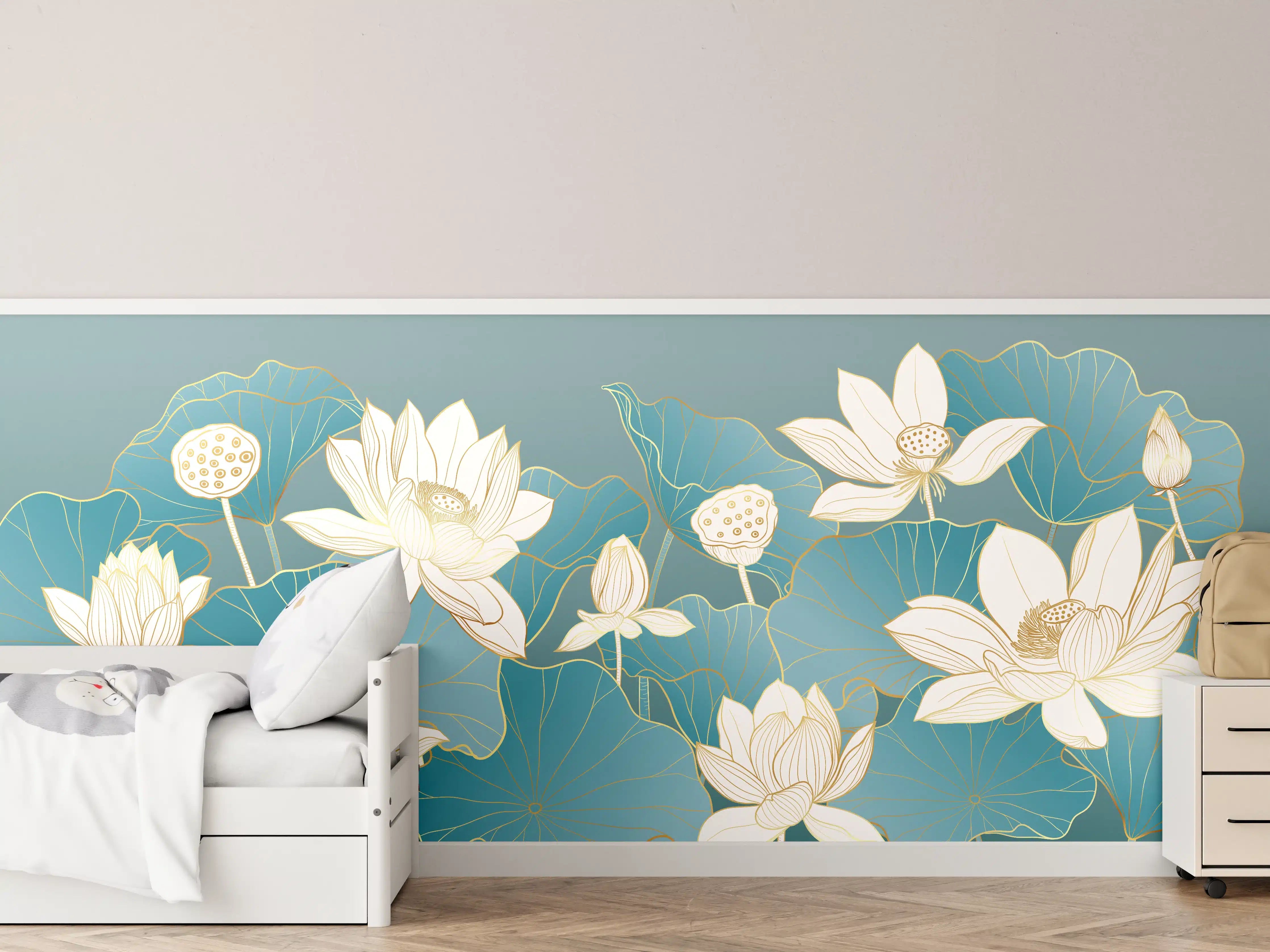 Kinderzimmer Wandgestaltung - Weiße Lotusblumen vor blauen Wasserlilienblättern mit goldenen Akzenten