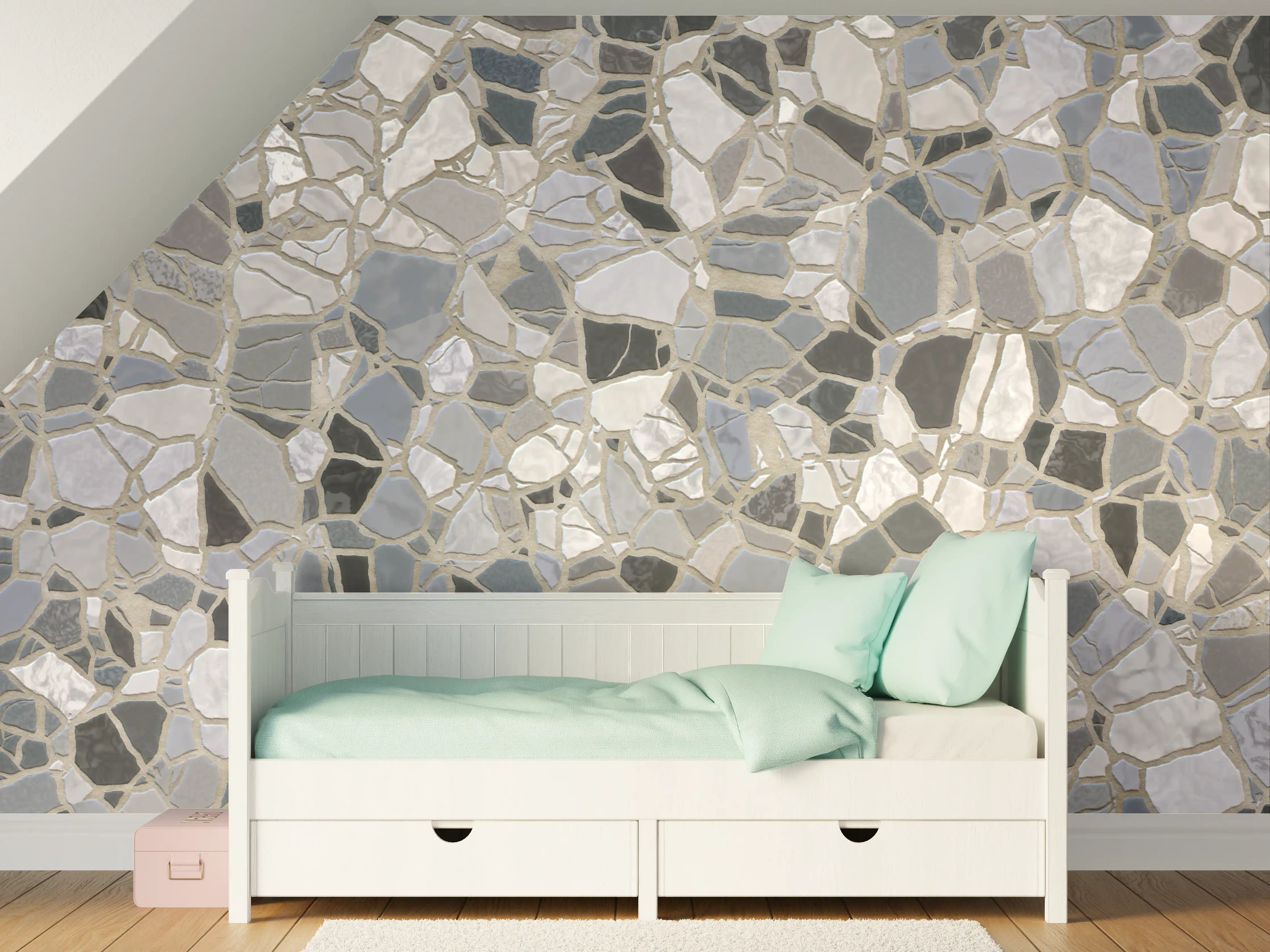 Kinderzimmer Wandgestaltung - Weiße Marmor-Textur mit Grauelementen