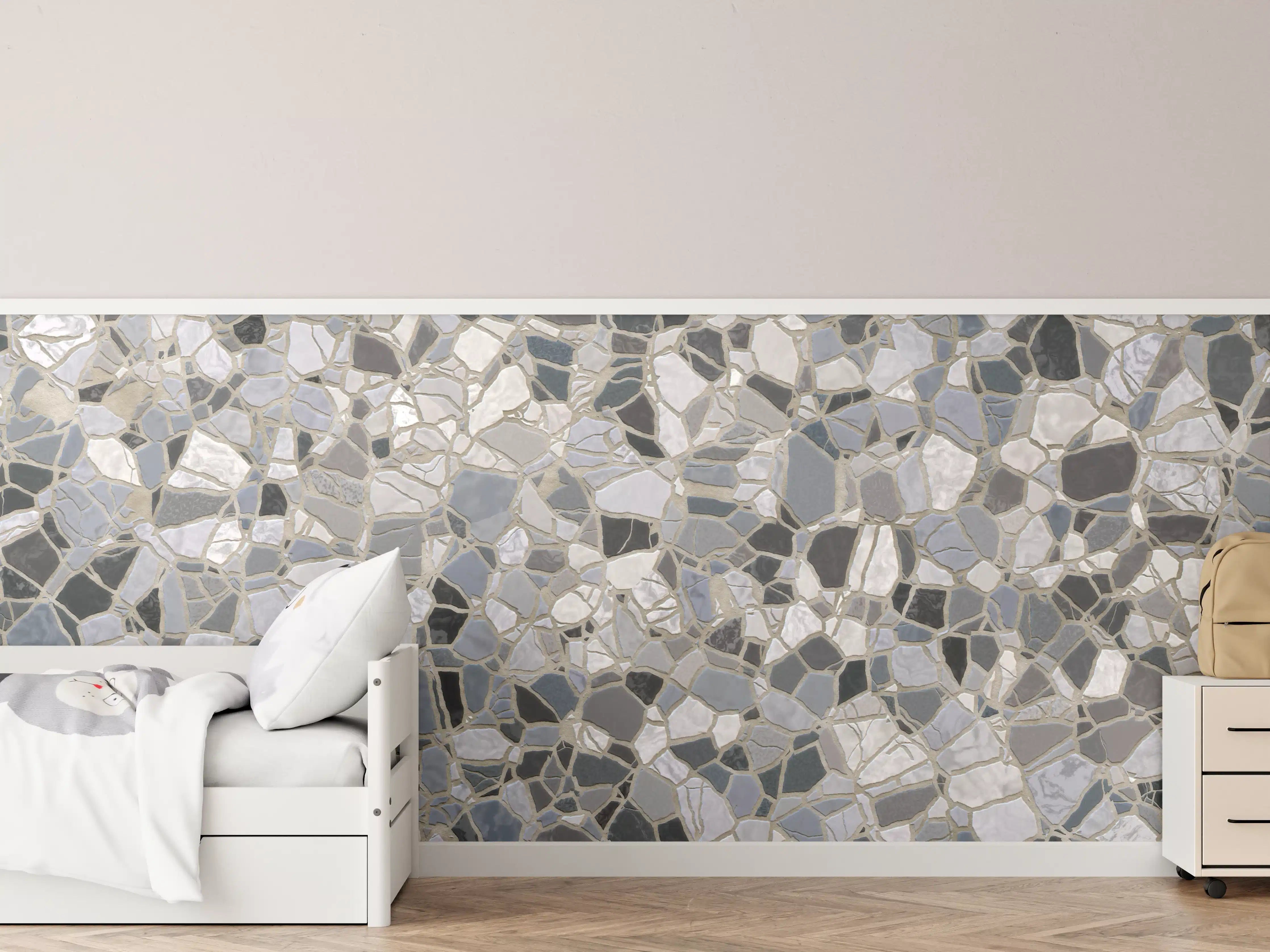 Kinderzimmer Wandgestaltung - Weiße Marmor-Textur mit Grauelementen