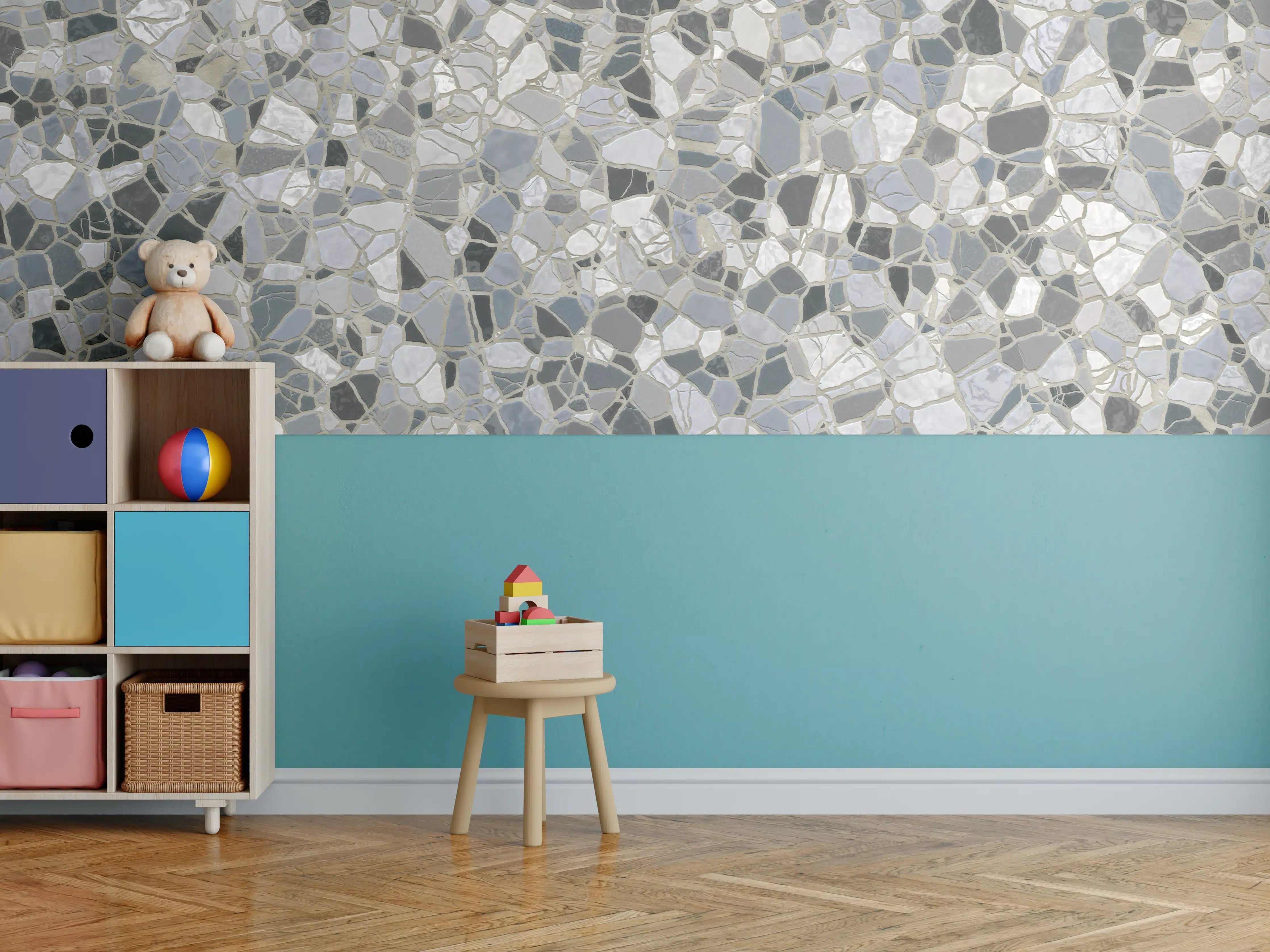 Kinderzimmer Wandgestaltung - Weiße Marmor-Textur mit Grauelementen