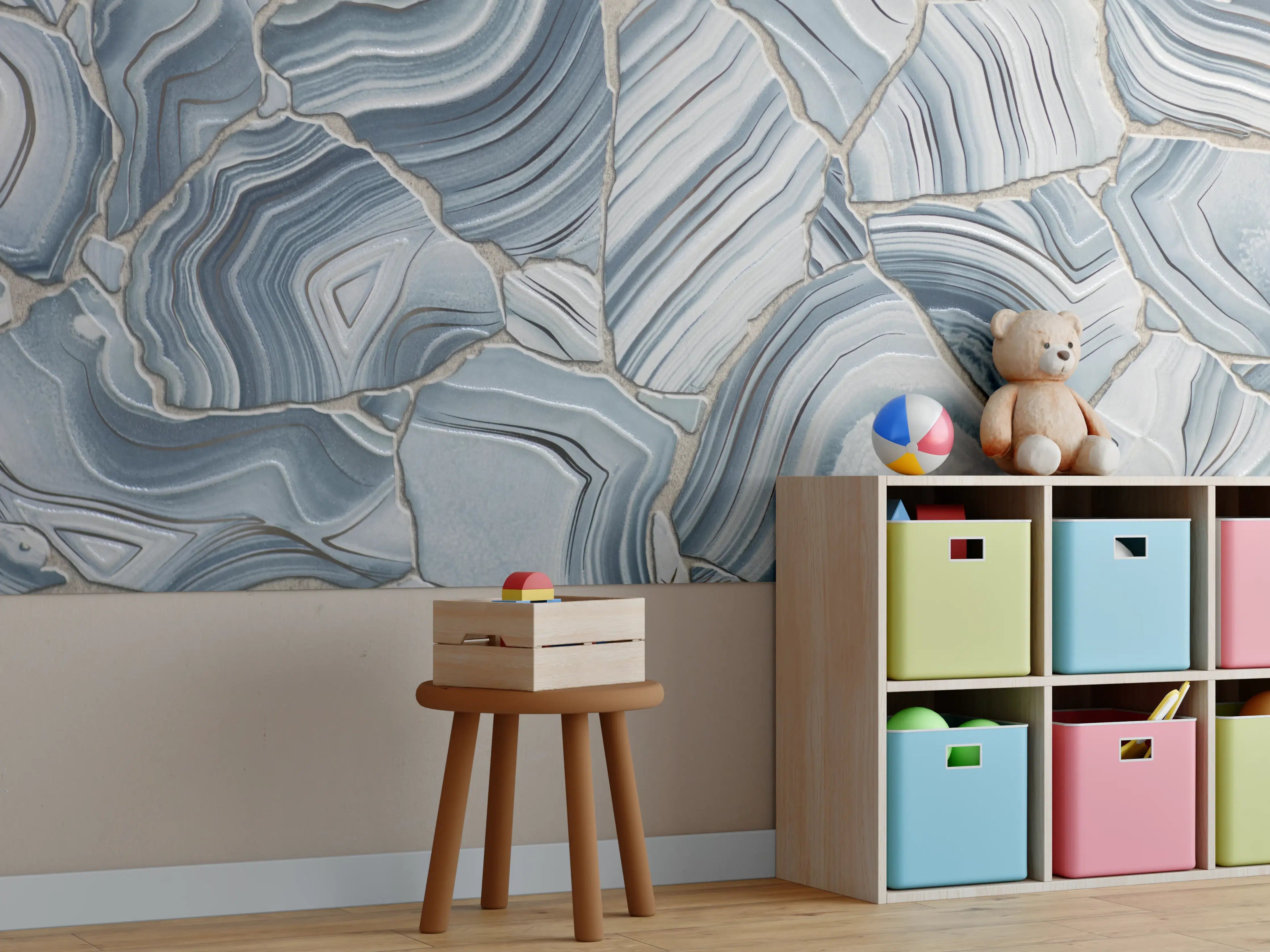 Kinderzimmer Wandgestaltung - Weiße Marmor-Textur mit blauen Akzenten