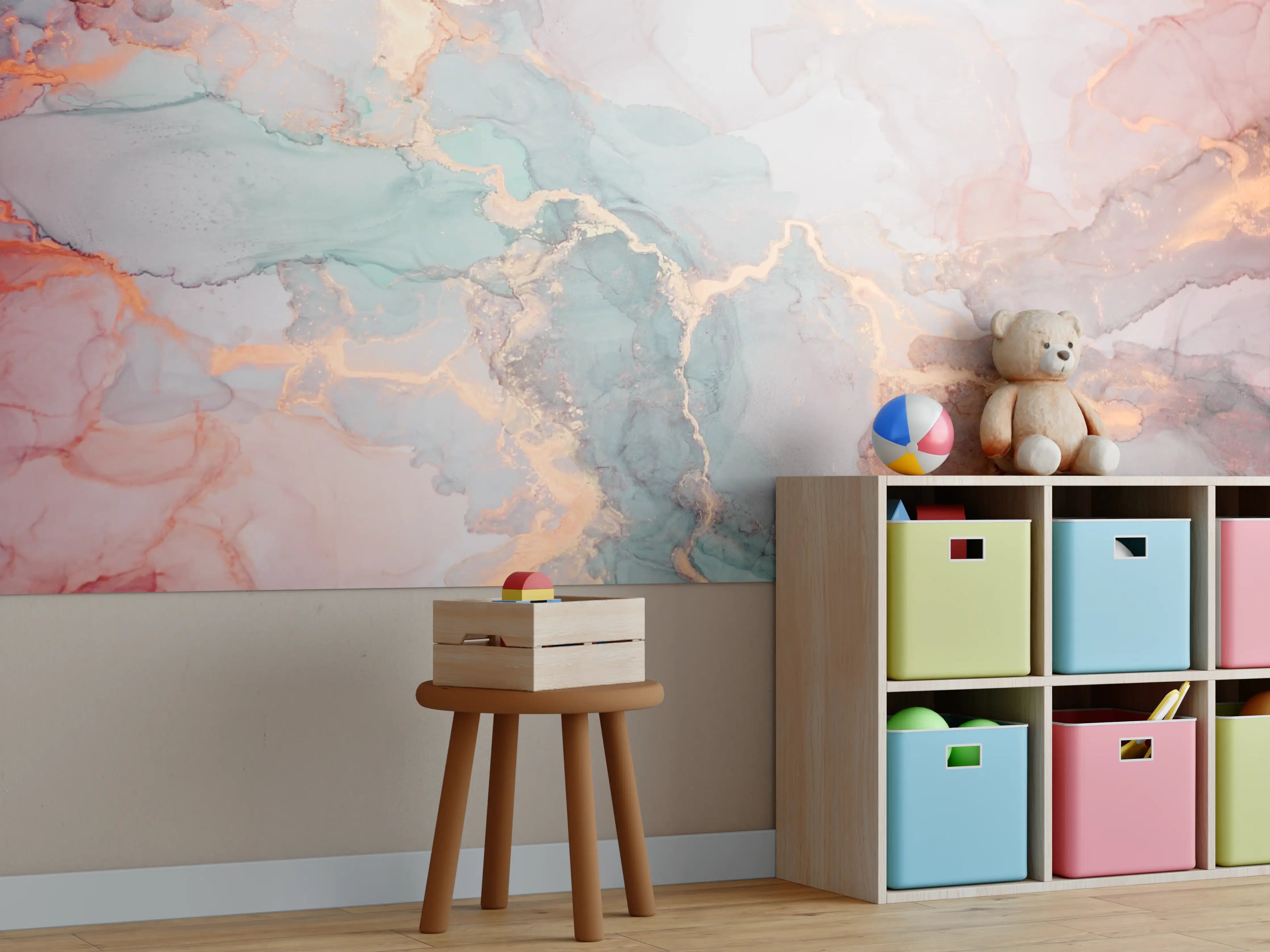 Kinderzimmer Wandgestaltung - Weiße Marmorstruktur mit zarten Goldakzenten