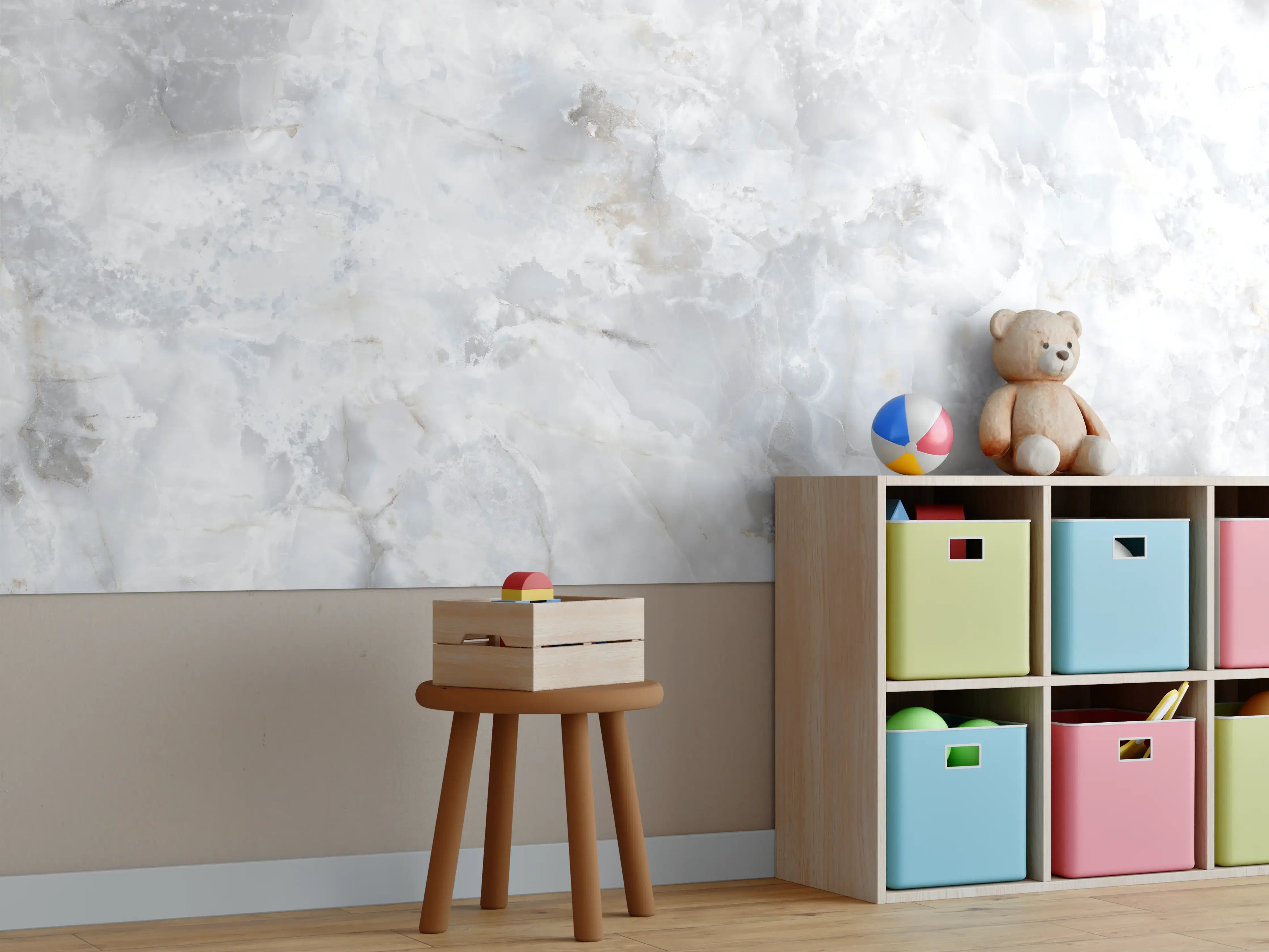 Kinderzimmer Wandgestaltung - Weiße Marmotextur mit Grau-Akzenten