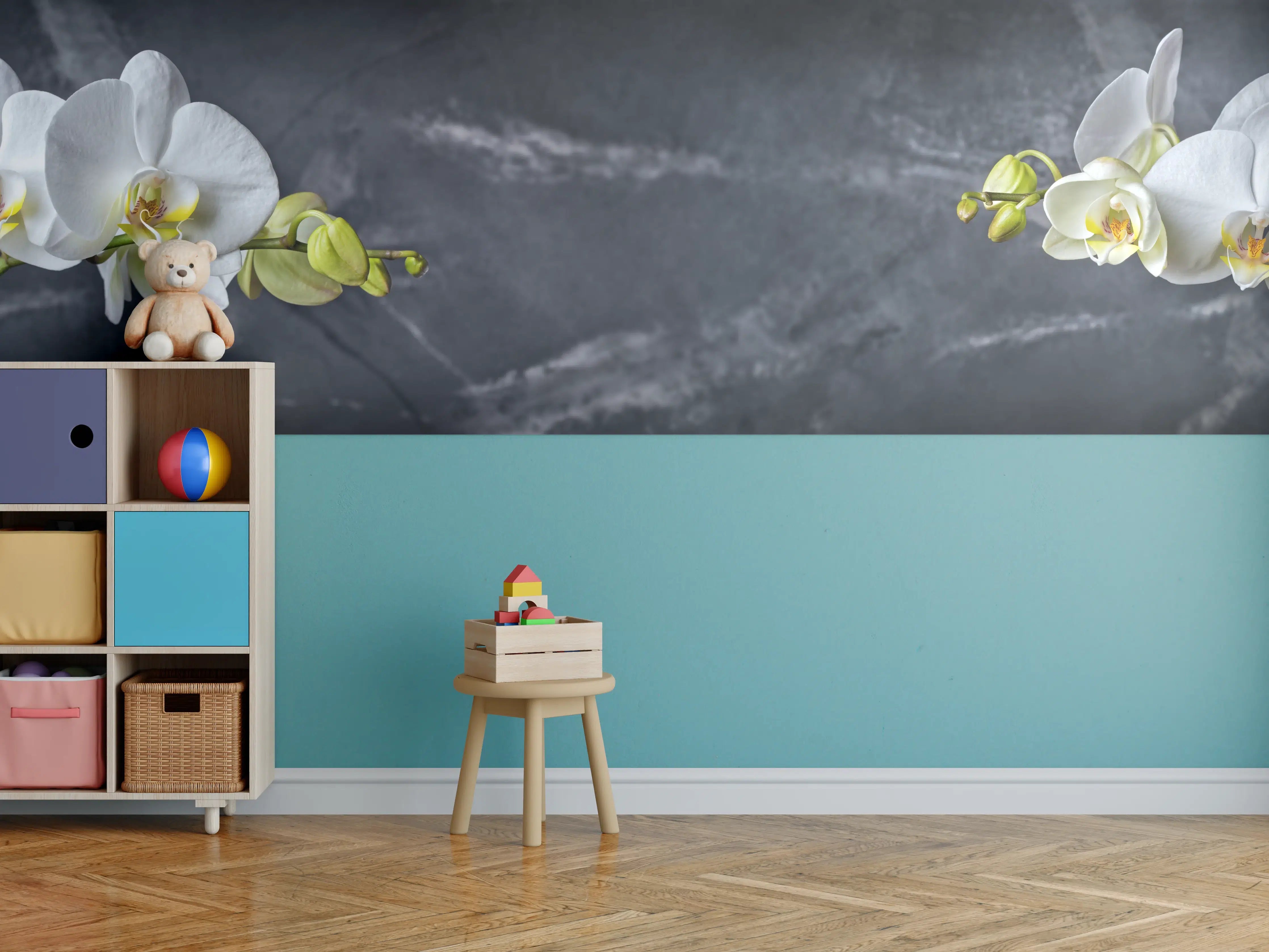 Kinderzimmer Wandgestaltung - Weiße Orchideen auf Marmor