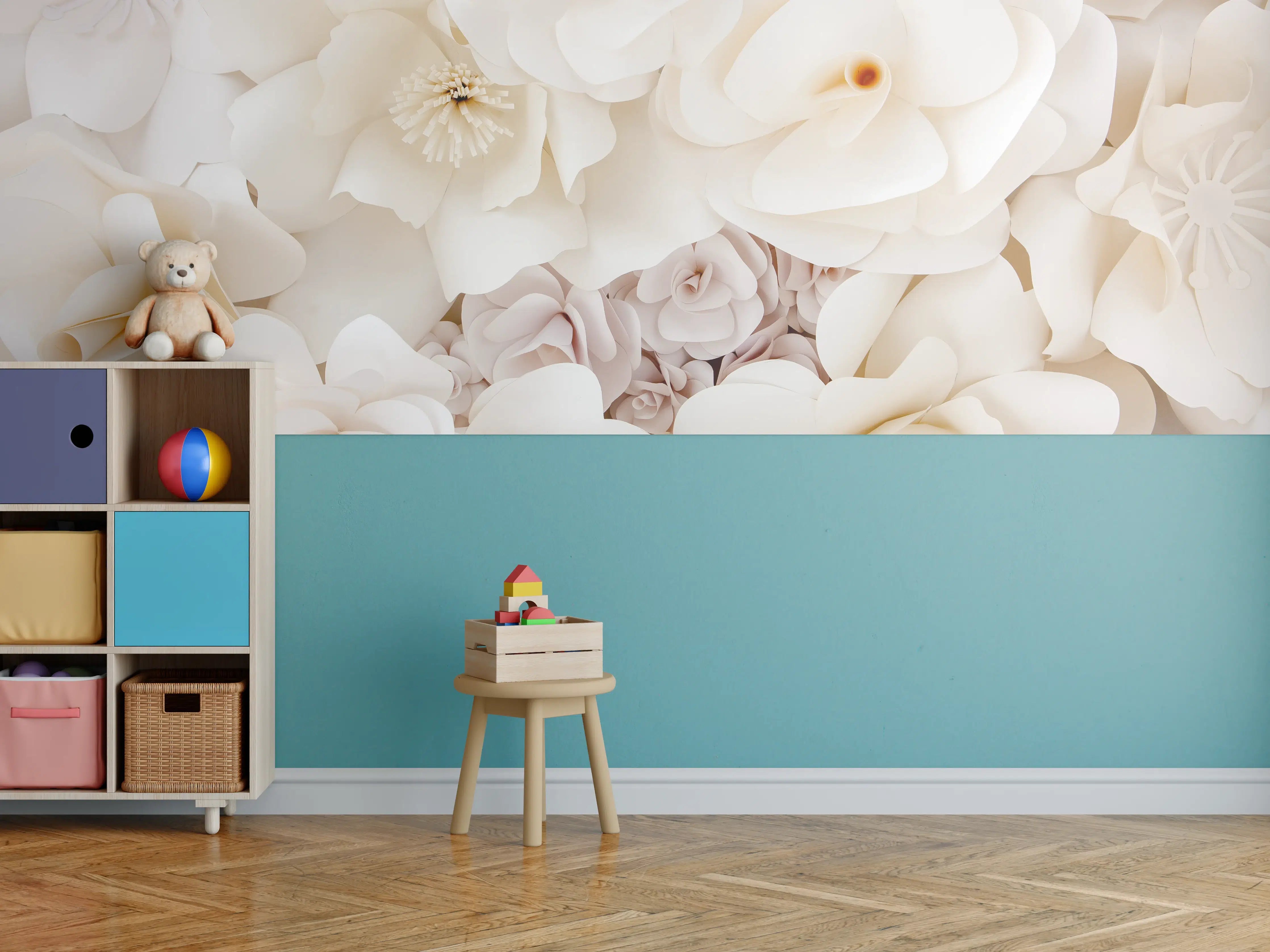 Kinderzimmer Wandgestaltung - Weiße Papierblumen