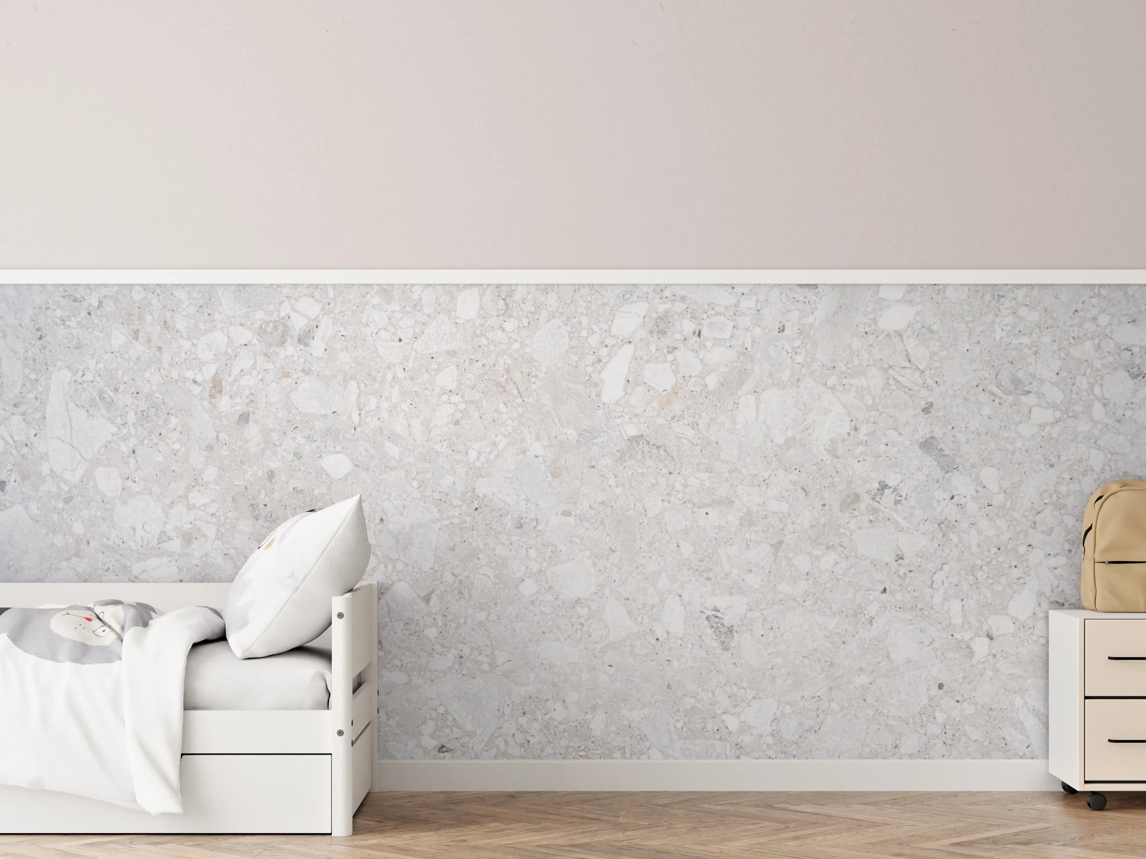 Kinderzimmer Wandgestaltung - Weiße Stein-Textur mit hellen Einschlüssen