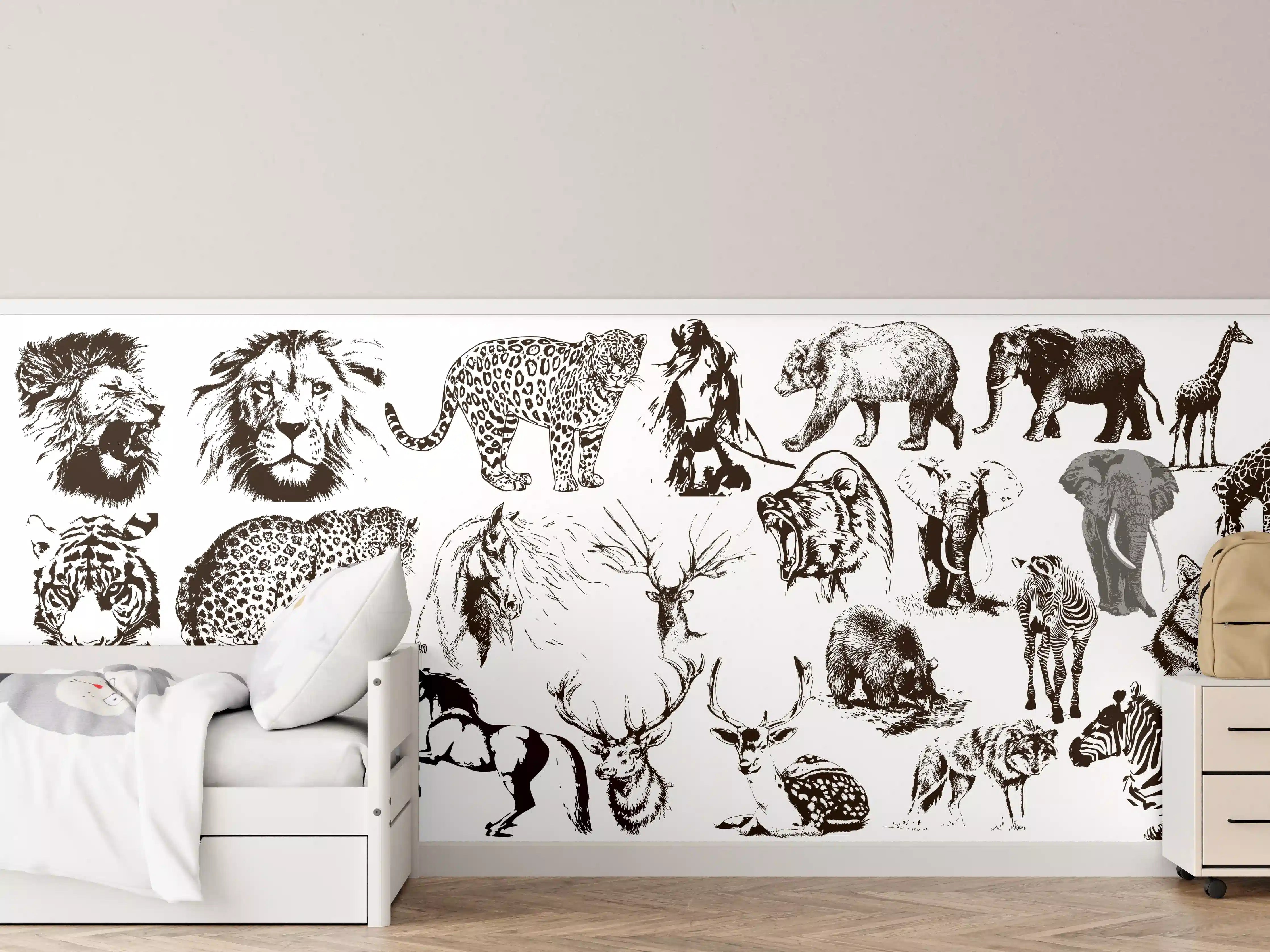 Kinderzimmer Wandgestaltung - Weiße Tierkollektion auf schwarzem Hintergrund