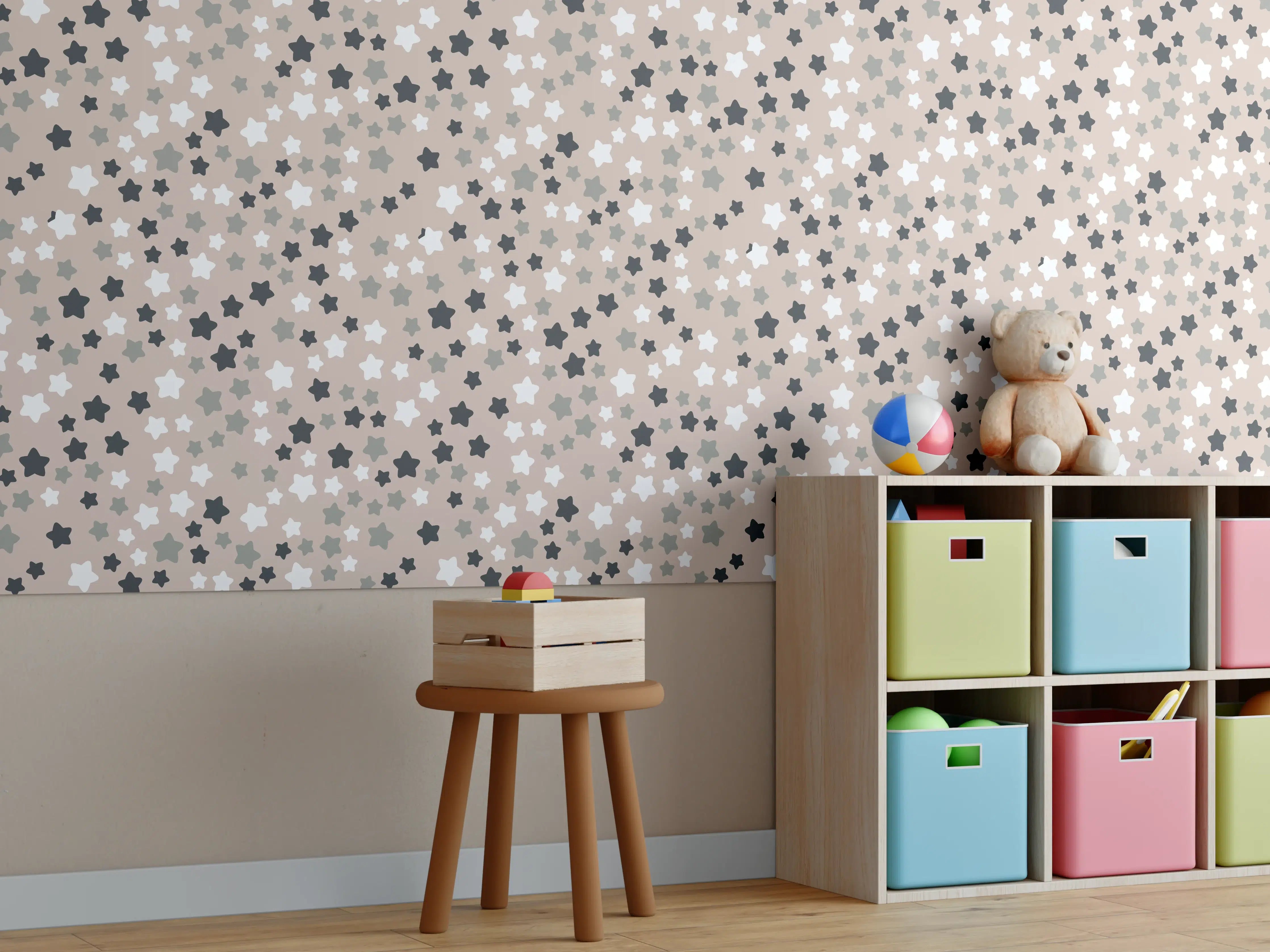Kinderzimmer Wandgestaltung - Weiße Wände mit beige und schwarzen Sternenmuster