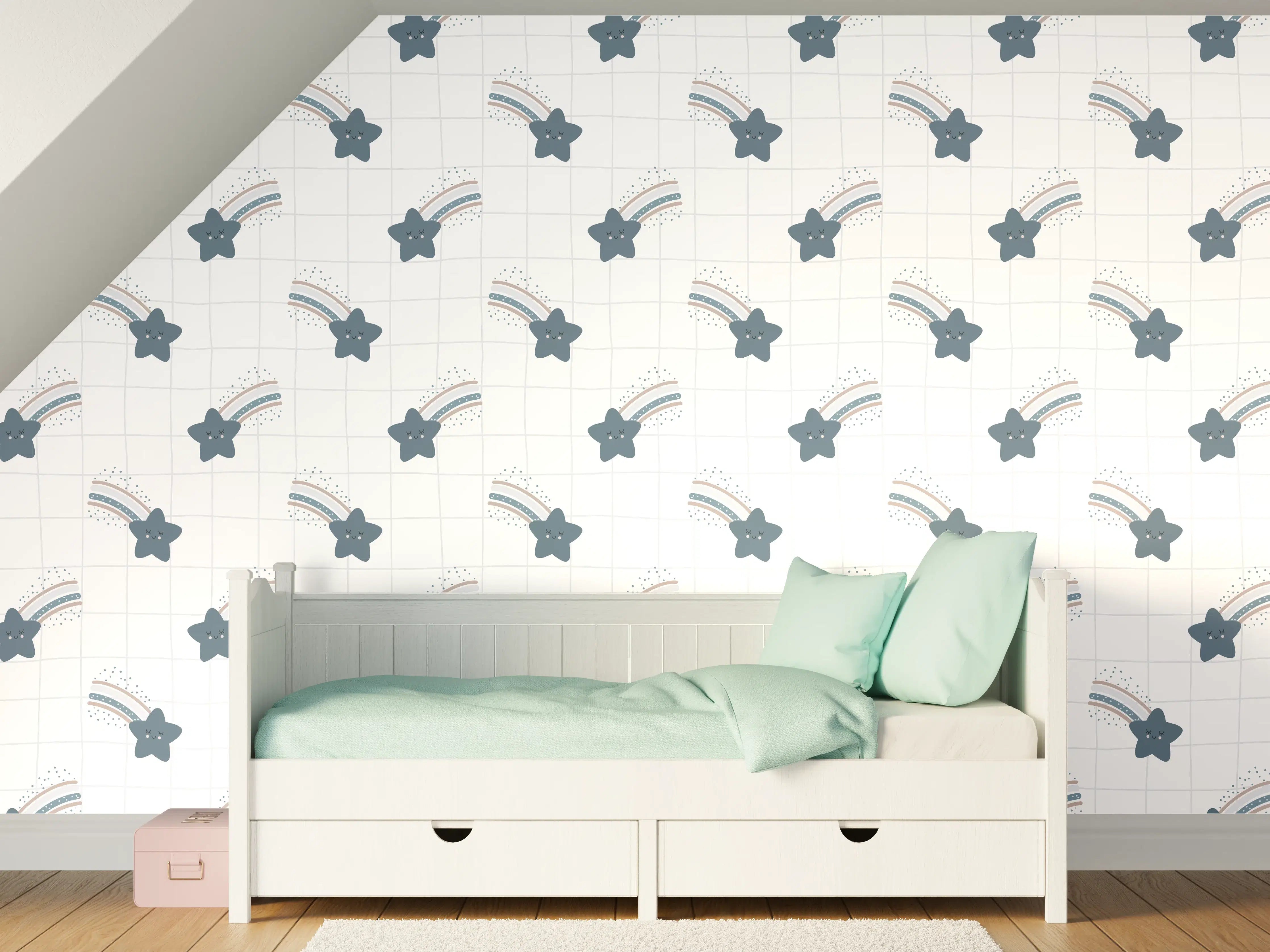 Kinderzimmer Wandgestaltung - Weiße Wand mit blauen Sternenmotiv