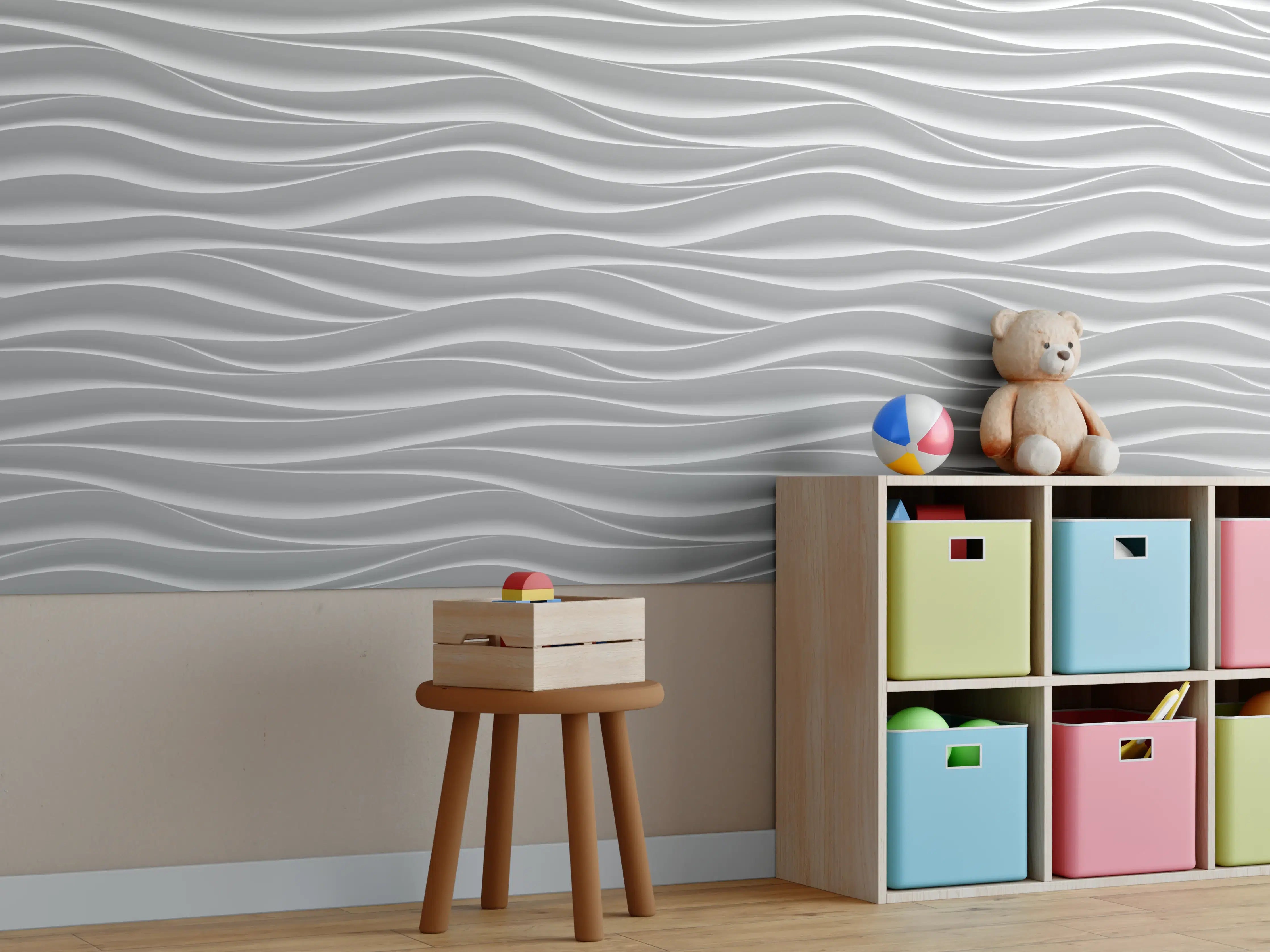 Kinderzimmer Wandgestaltung - Weiße Wellenstruktur mit Silber-Effekt
