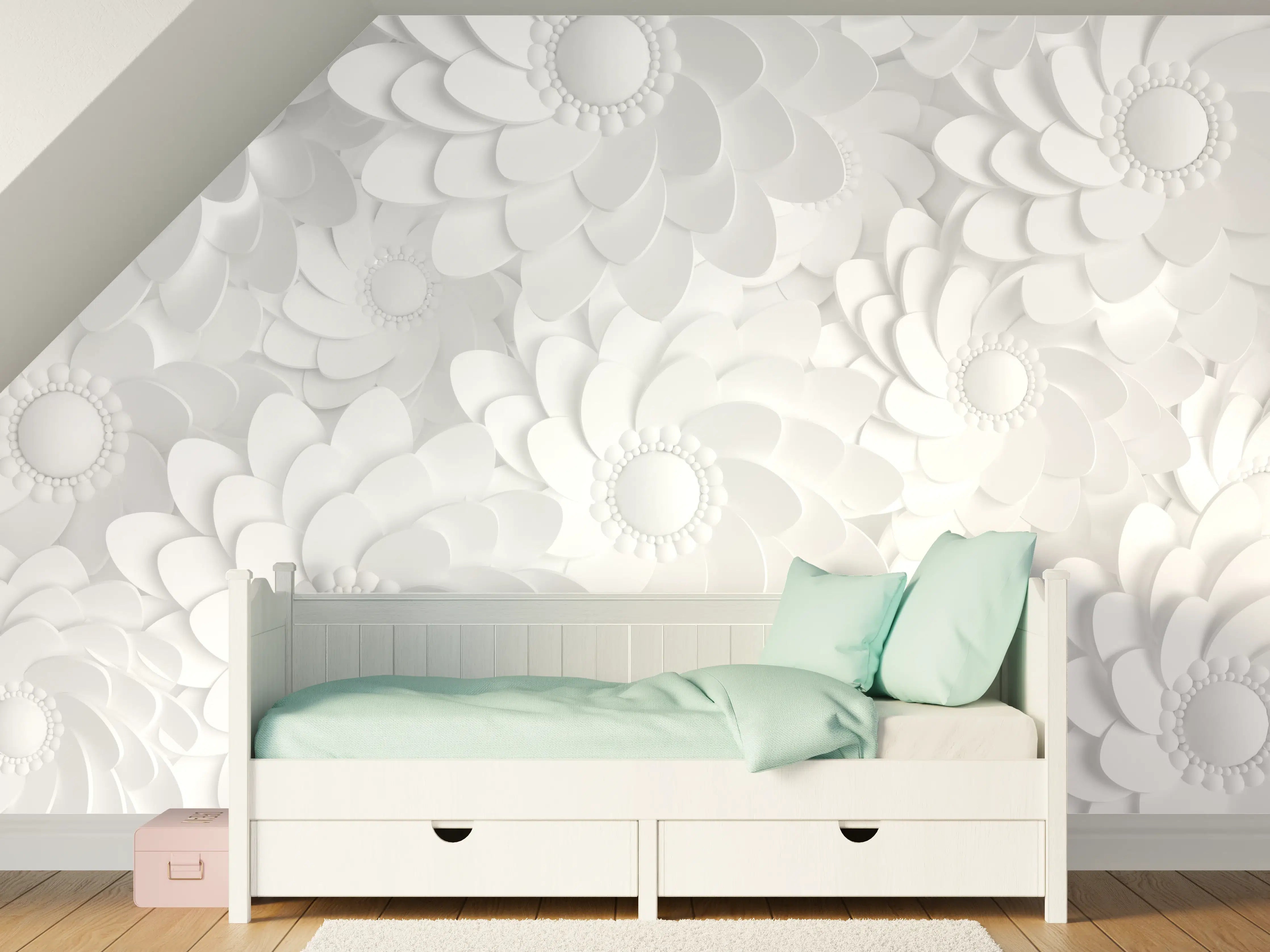 Kinderzimmer Wandgestaltung - Weiße florale 3D-Struktur Wandgestaltung