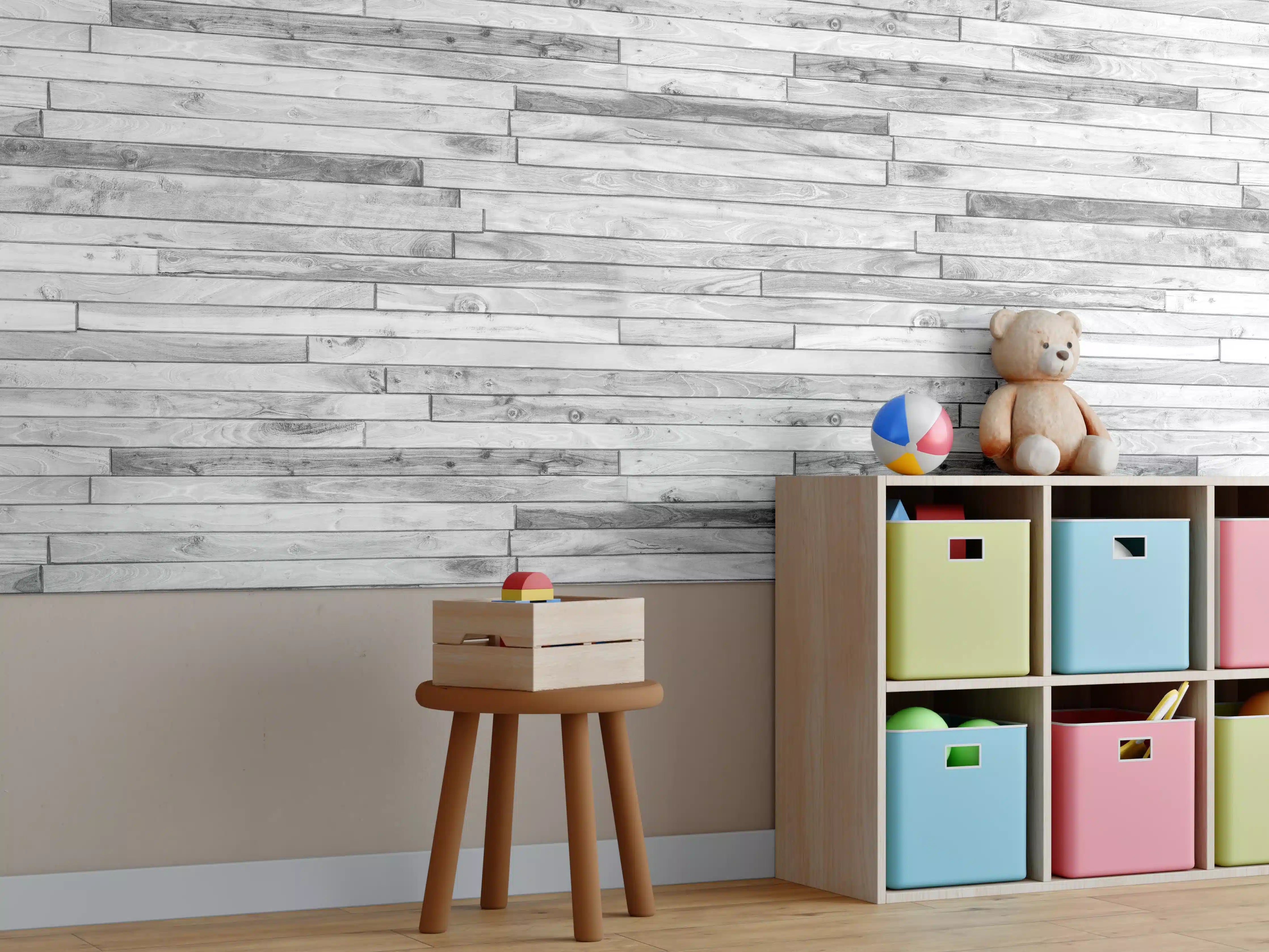 Kinderzimmer Wandgestaltung - Weiße kleine Kiefernholzstücke