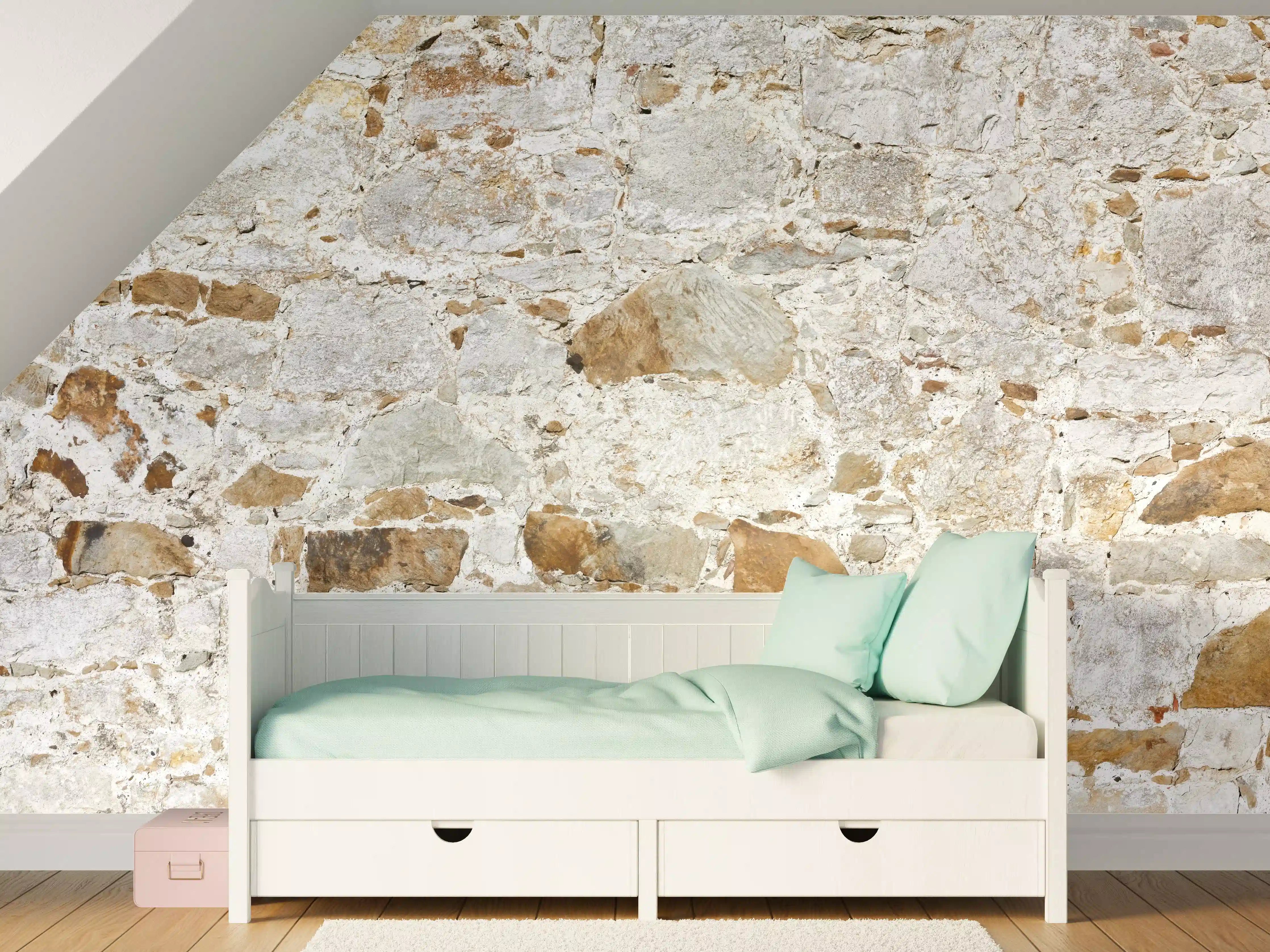 Kinderzimmer Wandgestaltung - Weiße rustikale Steinmauer