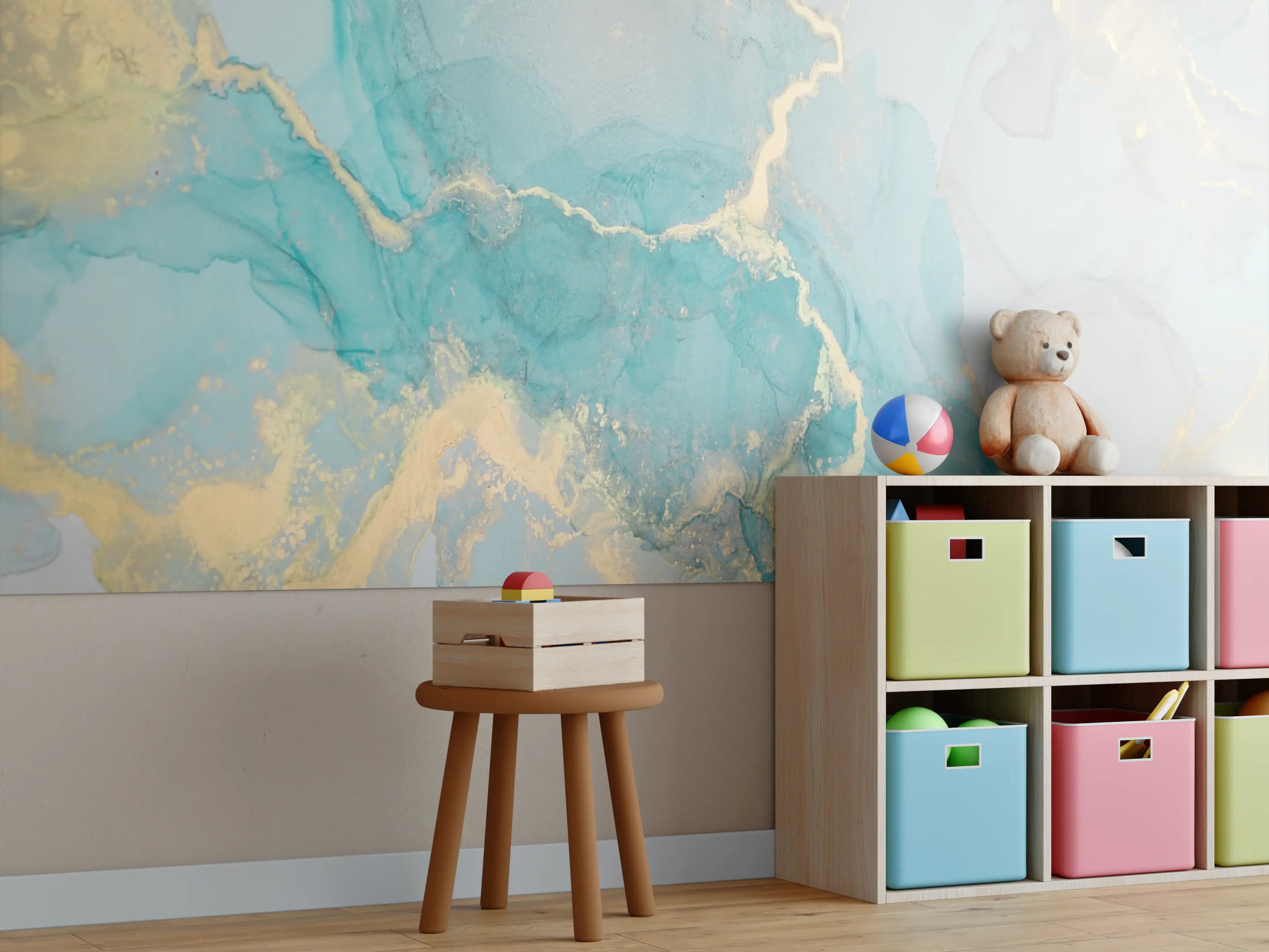 Kinderzimmer Wandgestaltung - Weiße und Türkisfarbene Marmor-Textur mit Goldakzenten