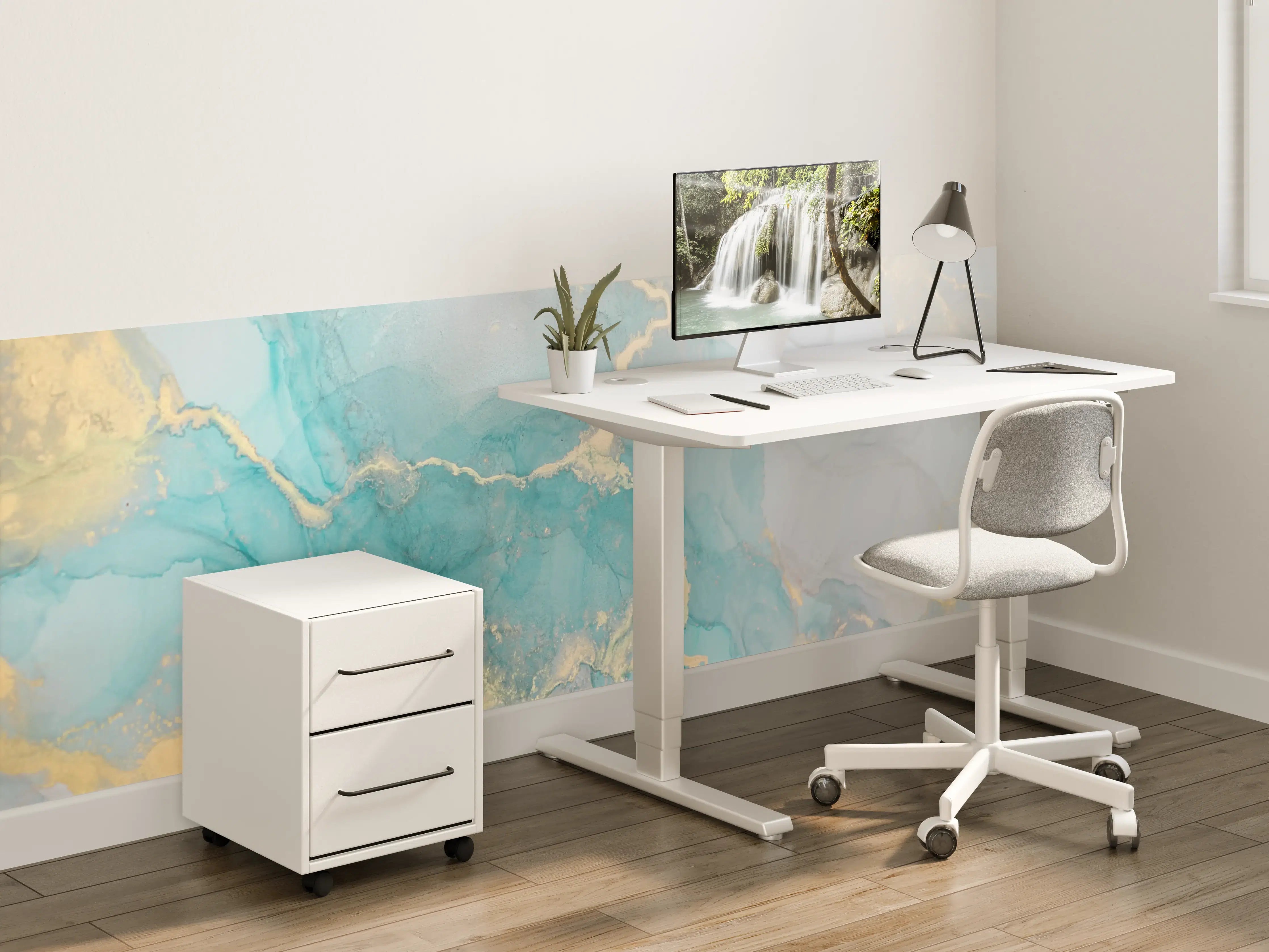 Kinderzimmer Wandgestaltung - Weiße und Türkisfarbene Marmor-Textur mit Goldakzenten